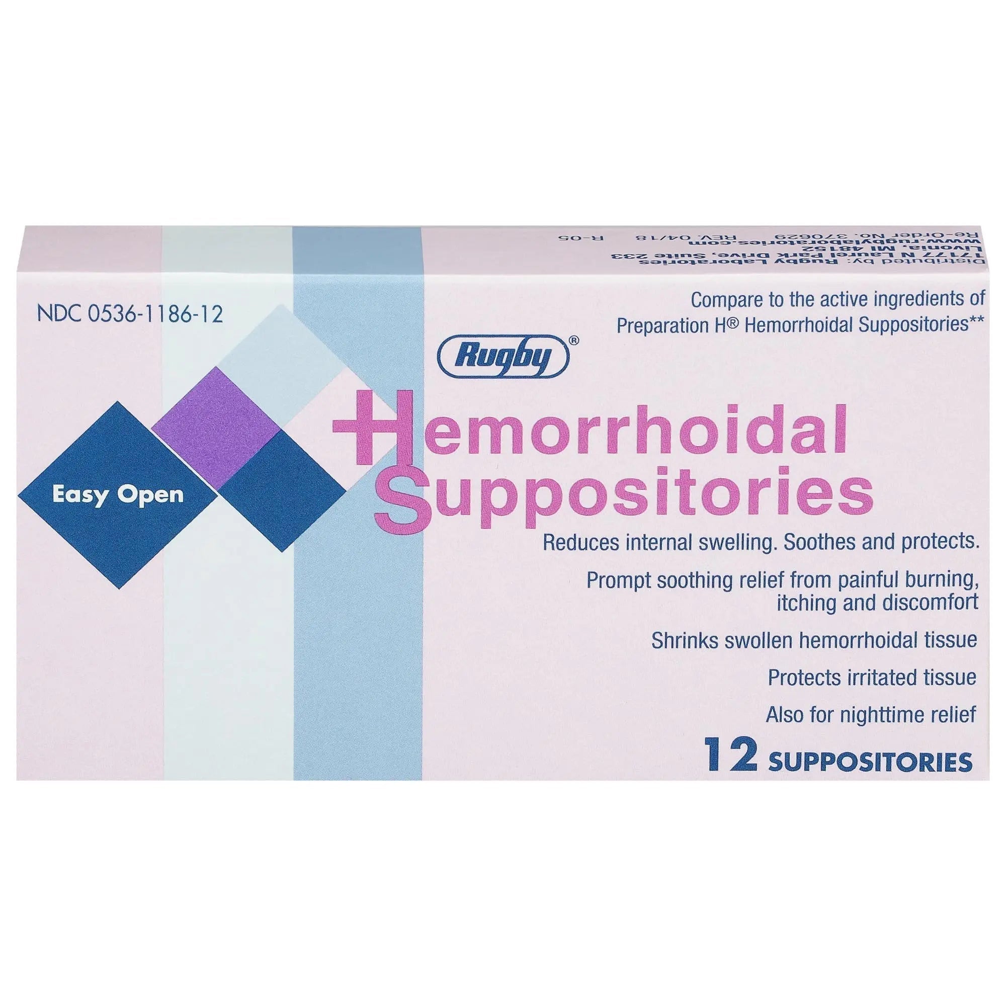 Rugby Hemorrhoidal Suppositories - Soothing and Shrinking Action for Internal Hemorrhoids with Cocoa Butter and Phenylephrine HCl, Easy Open Design - 12 Count RUGBY LABORATORIES Au supplements