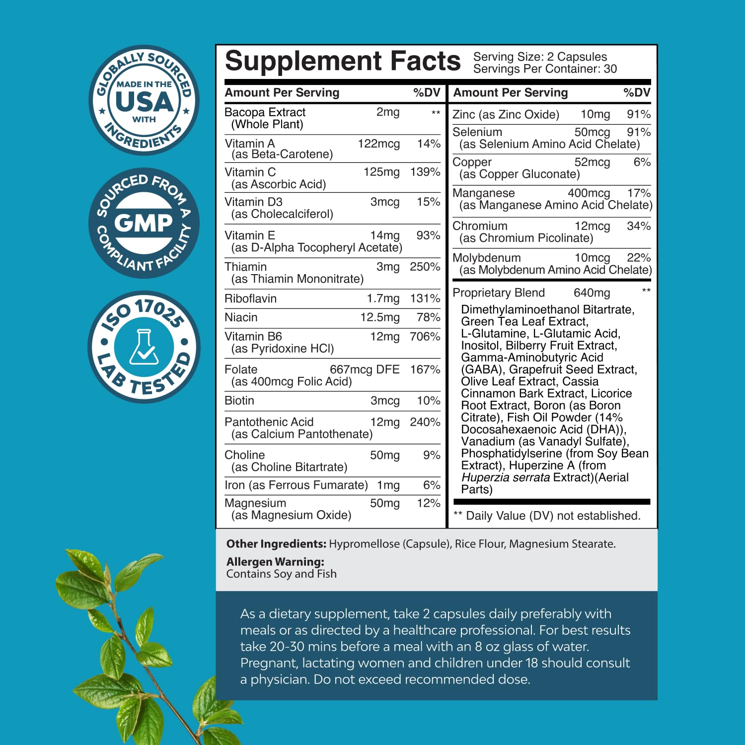 Nootropic Brain Supplement for Memory and Focus Support - Vitamins for Mental Support & Clarity with Bacopa Monnieri, VIT A, B6, Riboflavin, Niacin, Thiamin & Folate - Cognitive Complex - 60 Count Natures Craft Au supplements