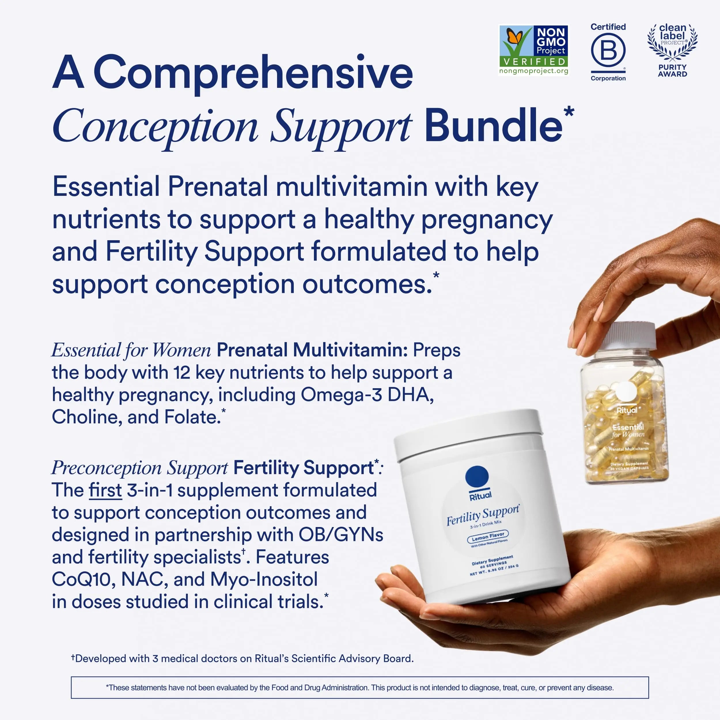 Ritual Preconception Bundle: Essential for Women Prenatal Multivitamin and Lemony Fertility Support Drink Mix Supplement with NAC, CoQ10, and Myo-Inositol. Vegan and Formulated to Support Her.* Ritual Au supplements