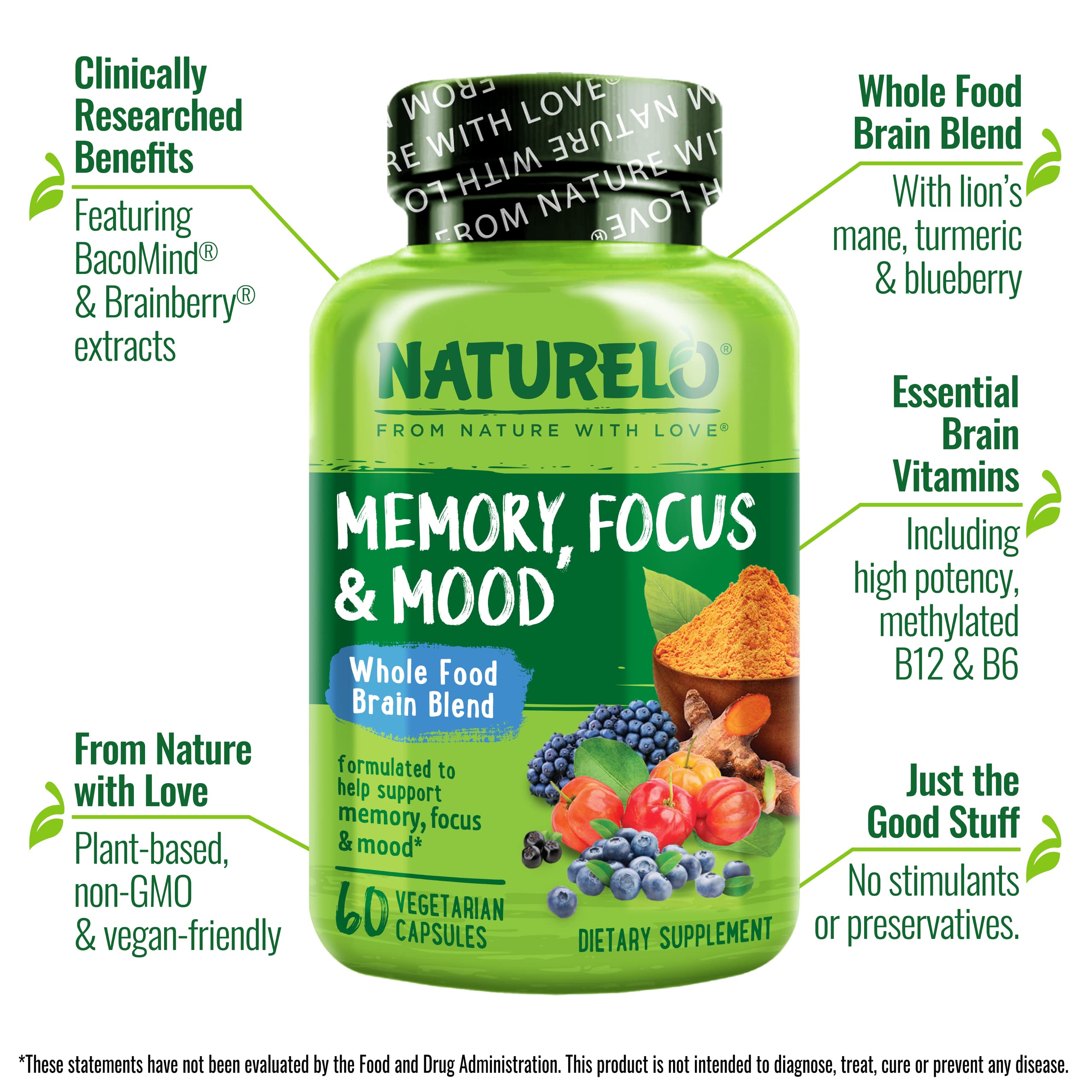 NATURELO Whole Food Brain Supplement - Brain Health Supplements for Memory & Focus Support - Enhance Brain Health Blend Supplement for Adults - 60 Vegetarian Capsules NATURELO Au supplements