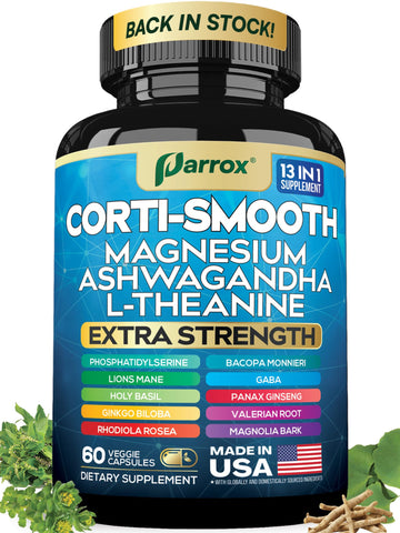 Parrox Corti-Smooth Cortisol Supplement Magnesium, L-Theanine, Ashwagandha, Phosphatidylserine, Valerian Root, Lions Mane, Bacopa Monnieri, Ginkgo Biloba, Panax Ginseng, Magnolia Bark, GABA (60 Caps) Parrox Au supplements