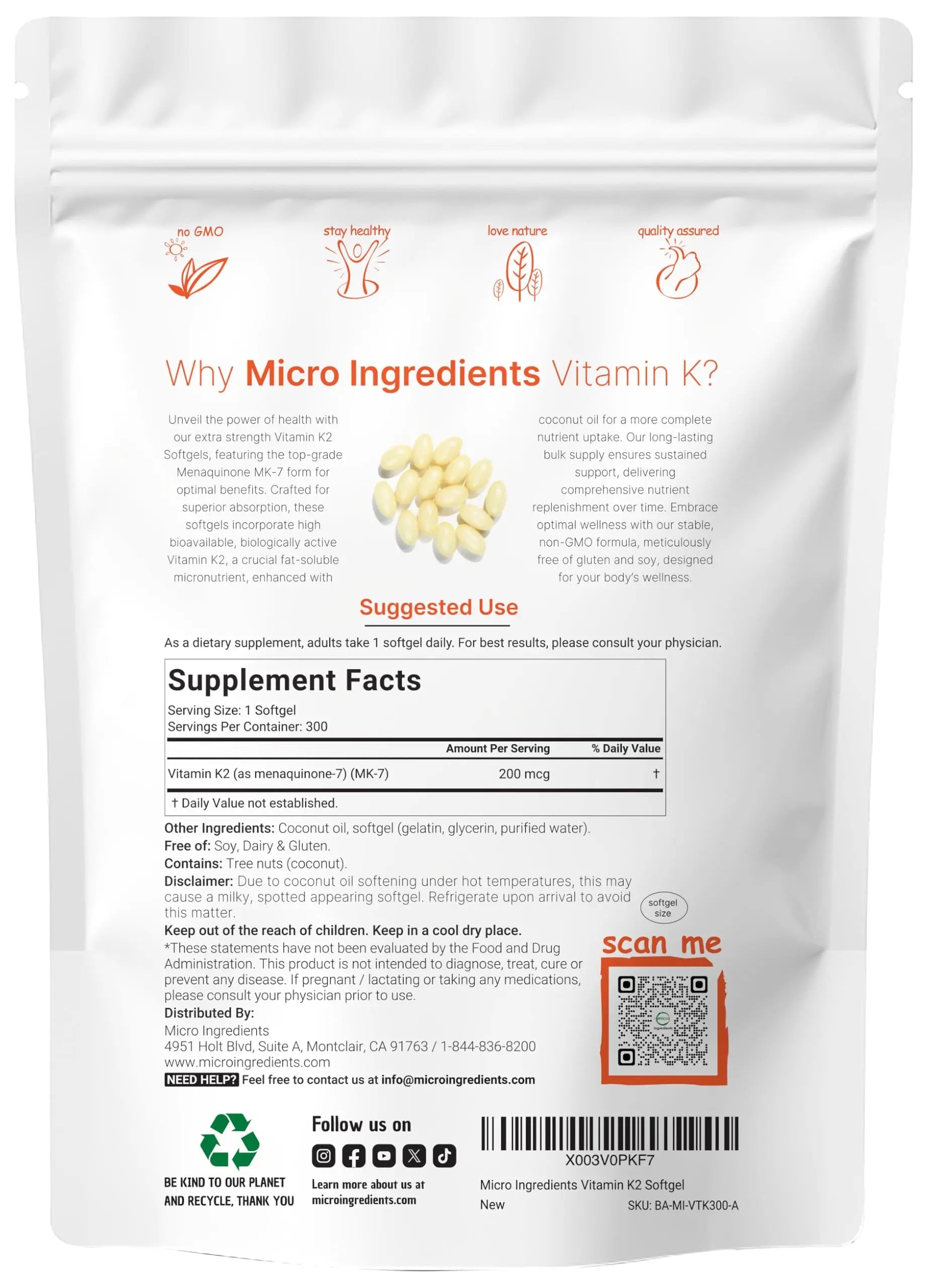 Micro Ingredients Vitamin K2 MK-7 Supplement, 200 mcg Per Serving, 300 Coconut Oil Softgles | Easily Absorbed, Active Menaquinone Form | Micro Ingredients Au supplements