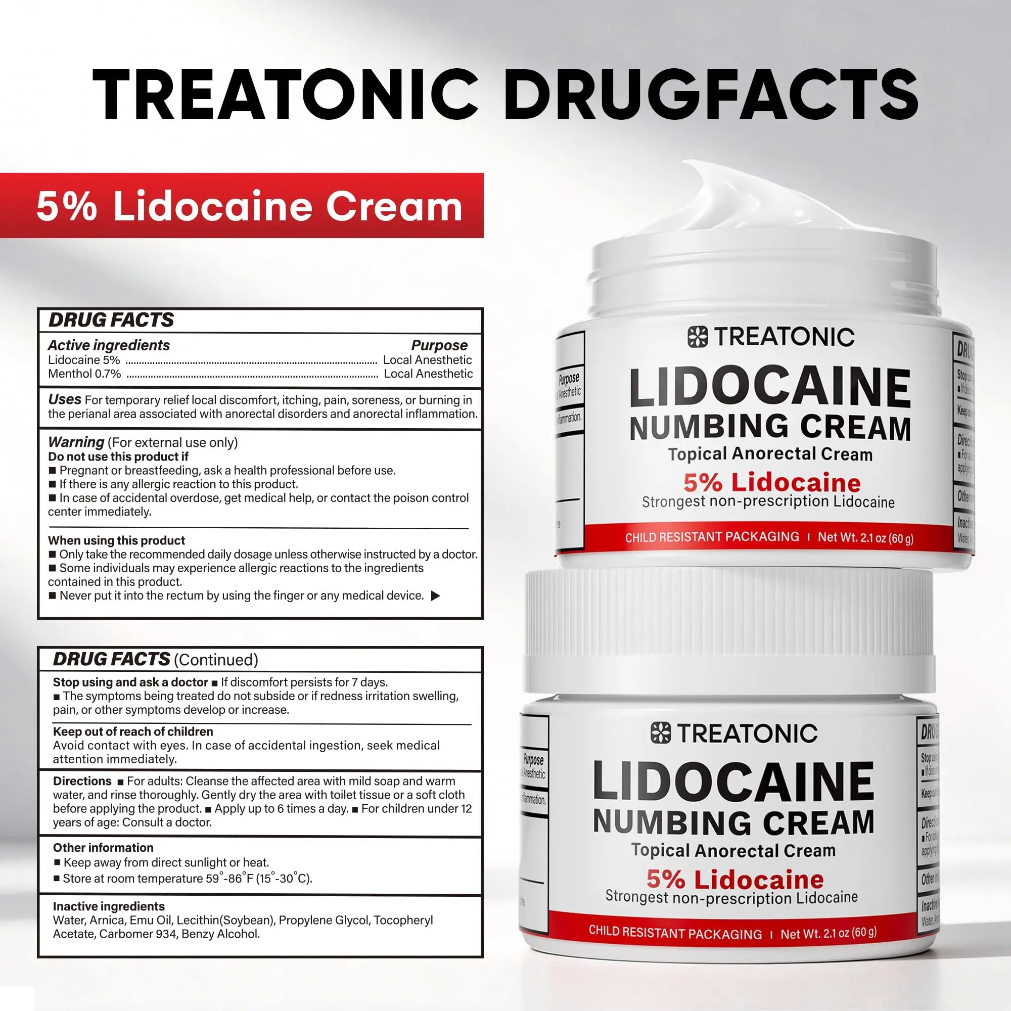 5% Lidocaine Topical Numbing Cream: Maximum Strength Topical Anesthetic Numb Cream for Pain Relief, Itching, Burning, Soreness, Hemorrhoid - Fast Acting & Long Lasting Numbing Formulation - 2.1 oz Treatonic Au supplements