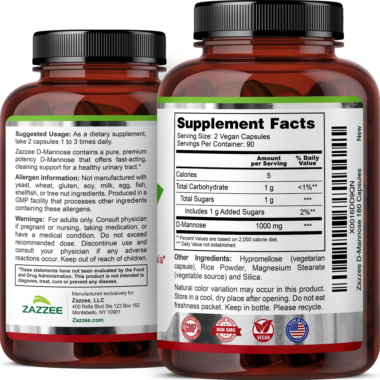 Zazzee D-Mannose, 1000 mg per Serving, 180 Vegan Capsules, 3 Month Supply, Potent & Fast-Acting, Certified Kosher, 100% Pure, All-Natural Urinary Tract Health Support, 100% Vegetarian, Non-GMO Zazzee Au supplements