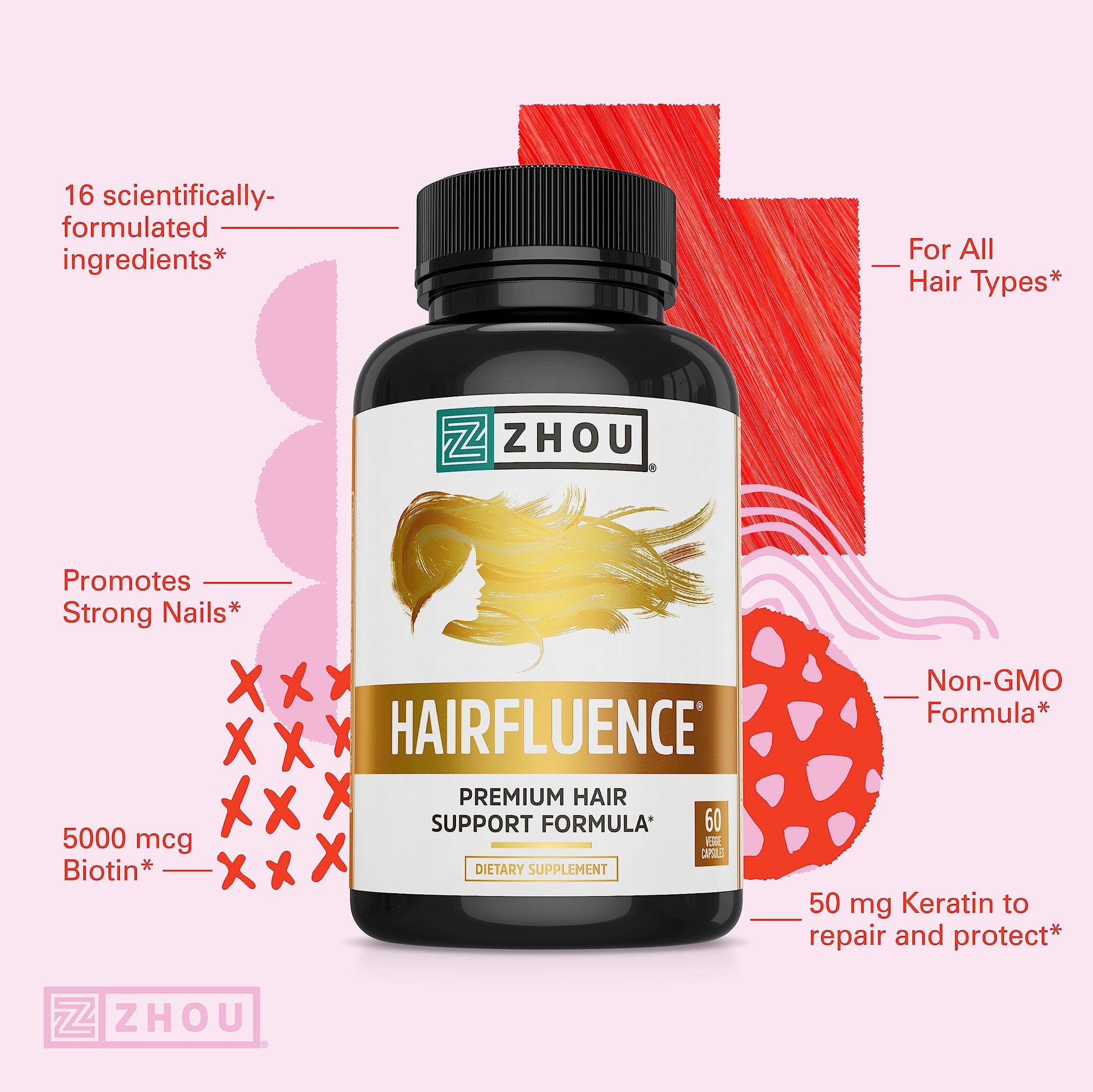 Zhou Hairfluence, Hair Growth Supplement with Biotin 5000mcg, Collagen, Keratin, Zhou Nutrition Au supplements