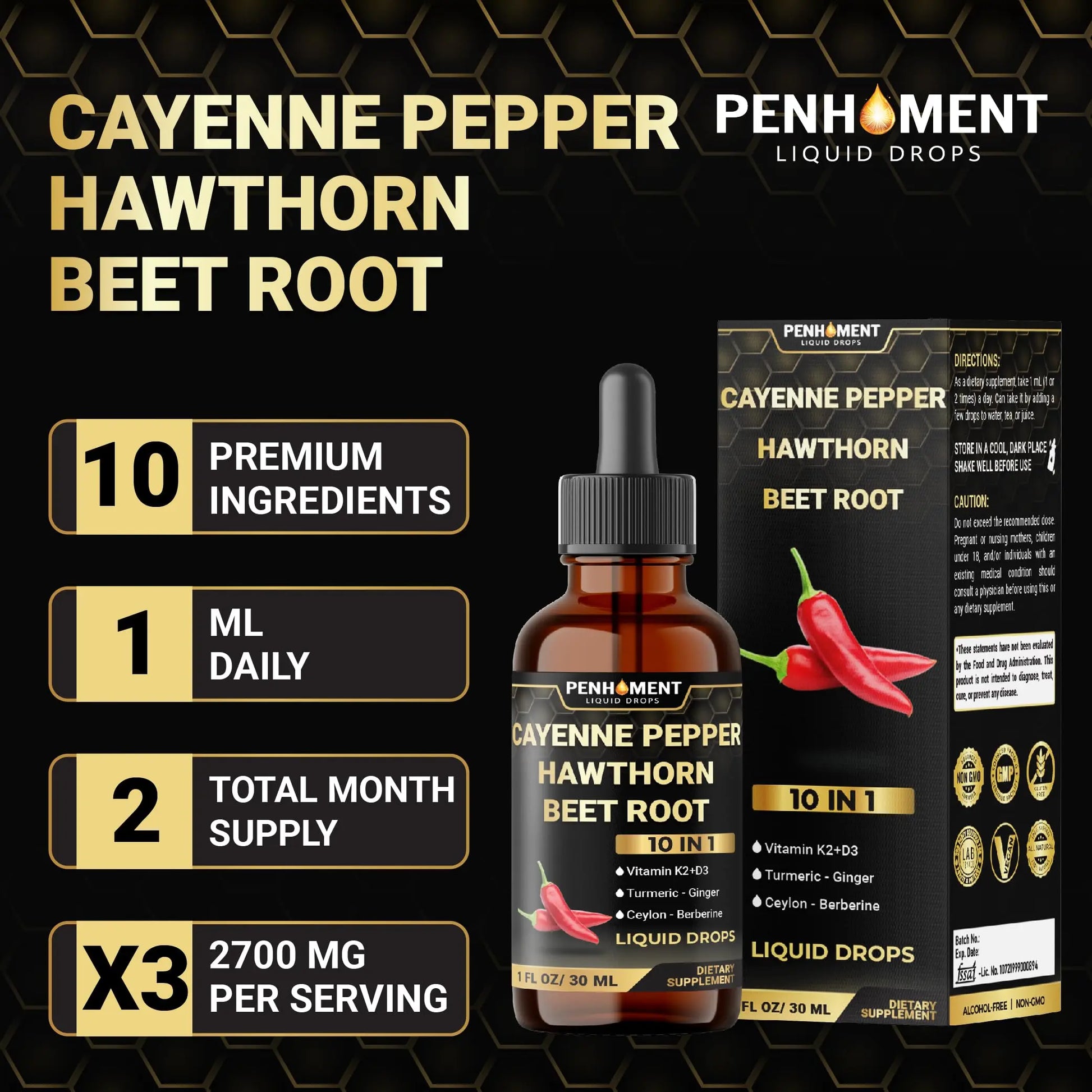 Penhoment 2 Packs - 2700 mg 10in1 Cayenne Pepper Liquid Drops with Hawthorn Berry, Vitamin D3 K2, Beet Root, Ginger Turmeric, Ginger, Ceylon Cinnamon, Berberine, and Ginseng - 2 Months Penhoment Au supplements