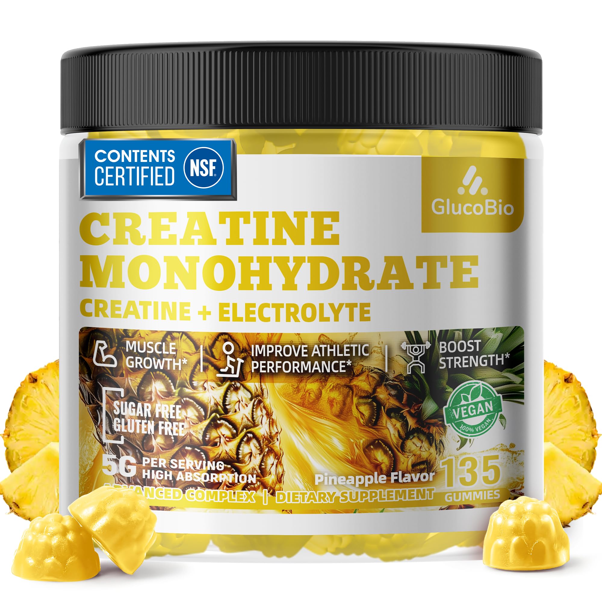 GlucoBio Creatine Monohydrate Gummies (5g) – Pre-Workout Energy & Muscle Growth Support for Men & Women | Pineapple Electrolyte Gummies (135 Count) GlucoBio Au supplements