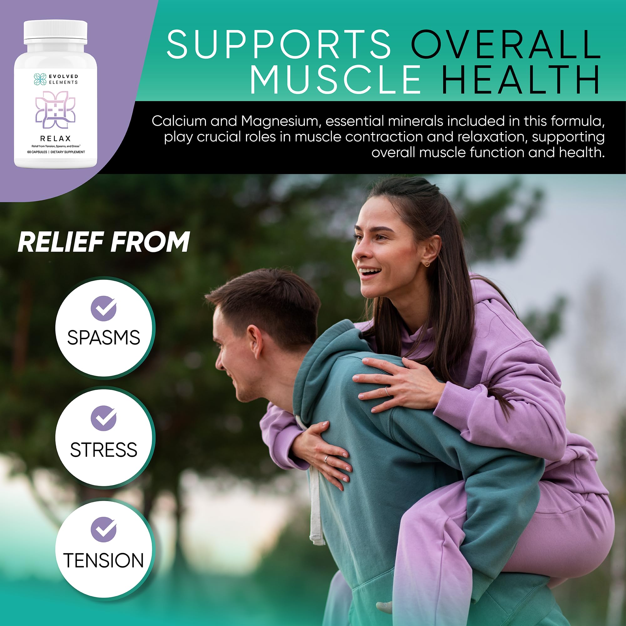 Evolved Elements All-Natural Muscle Relaxer | 60 Capsules | Spasm Relief with Magnesium, Passion Flower, and Valerian Root | Relieves Muscle Spasms, Tension, and Promotes Calmness Evolved Elements Au supplements