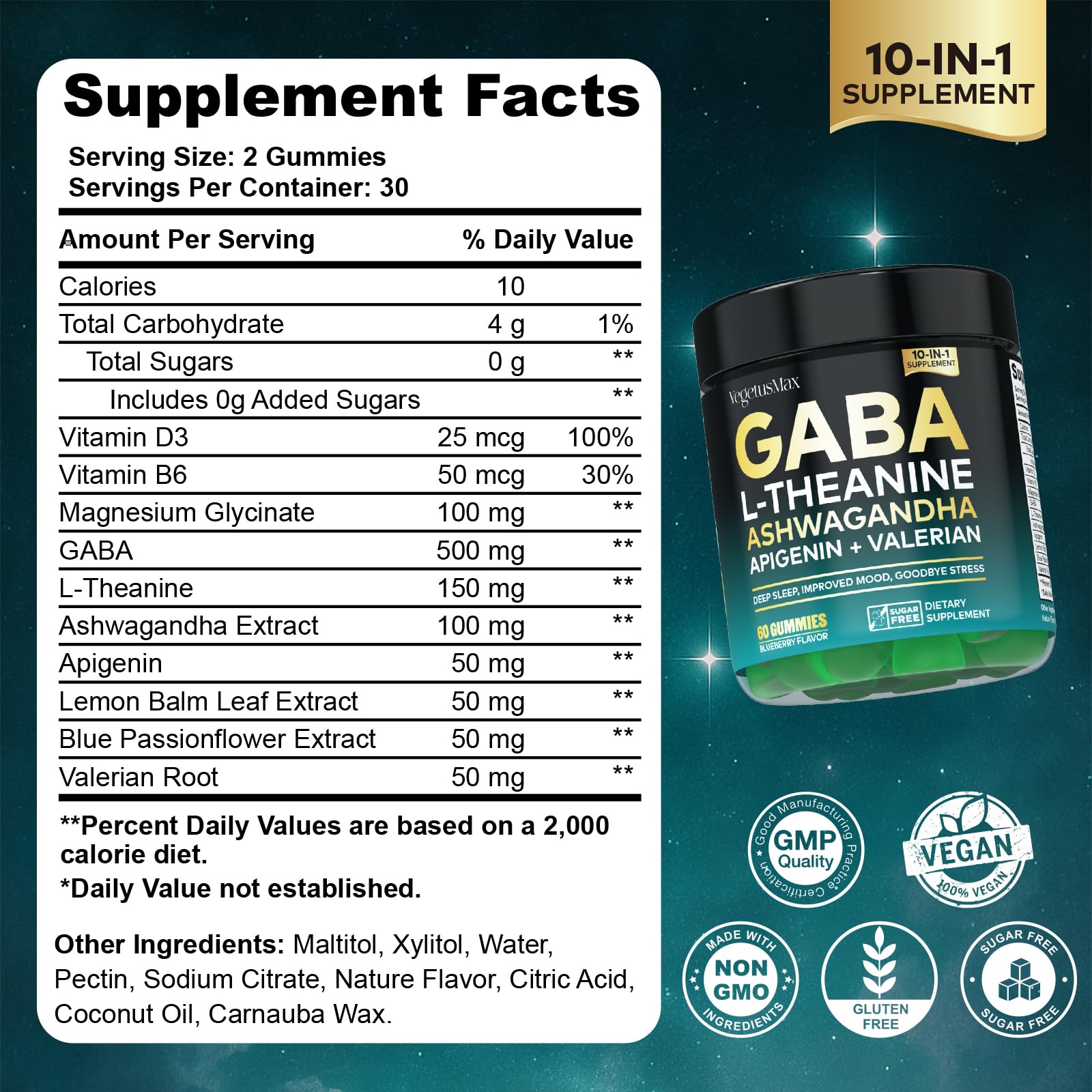 GABA L-Theanine Gummies, Sugar-Free Calm Gummies with L-Theanine, Ashwagandha,Valerian Root,Magnesium | Support Sleep,Stress Relief & Relaxation | GABA Supplement for Adult- Blueberry Flavor VEGETUSMAX Au supplements