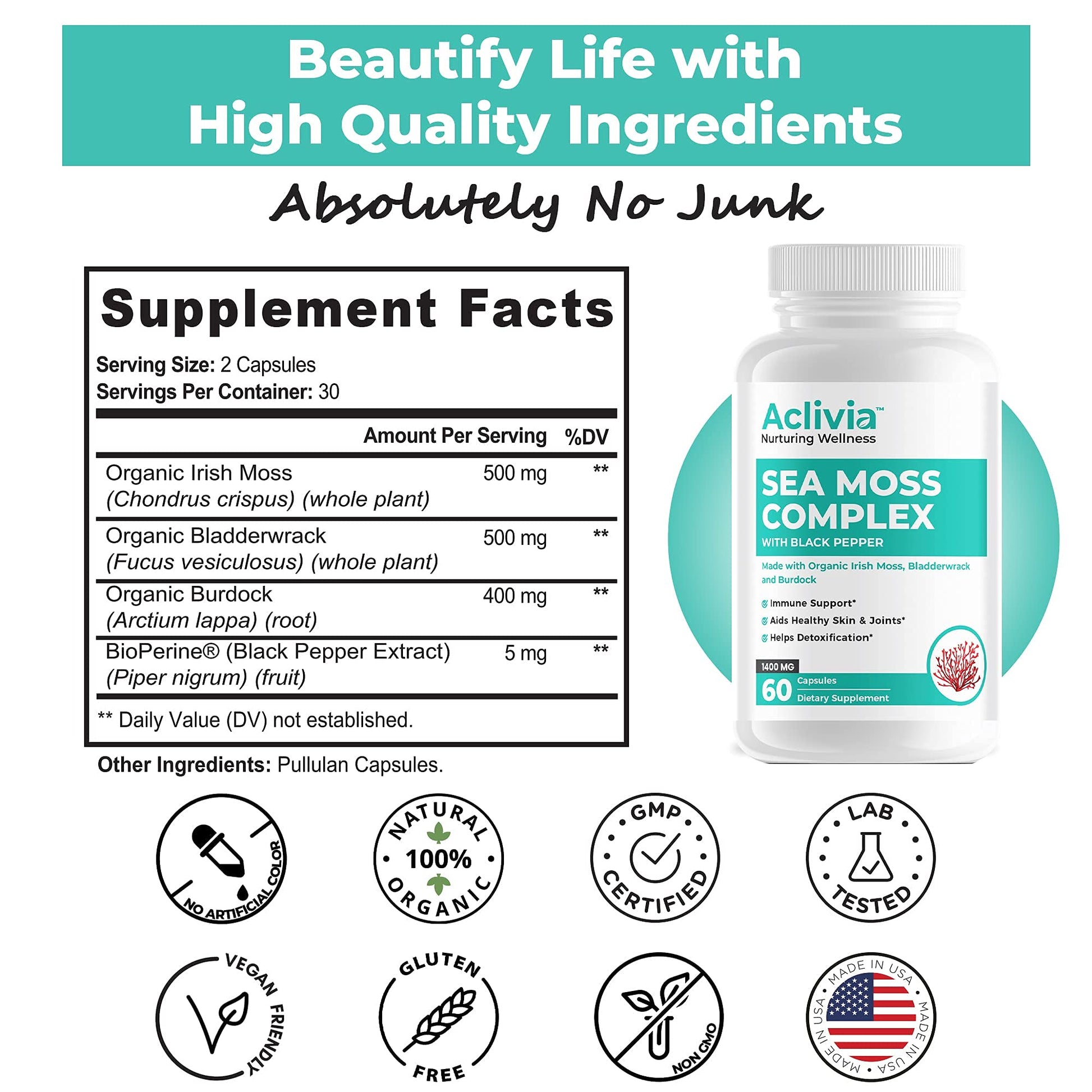Aclivia - Organic Irish Sea Moss Capsules with Bladderwrack & Burdock Root - 102 Minerals Sea Moss Supplement - Thyroid Support, Immune Boost - Non-GMO (60 Count) Aclivia Au supplements