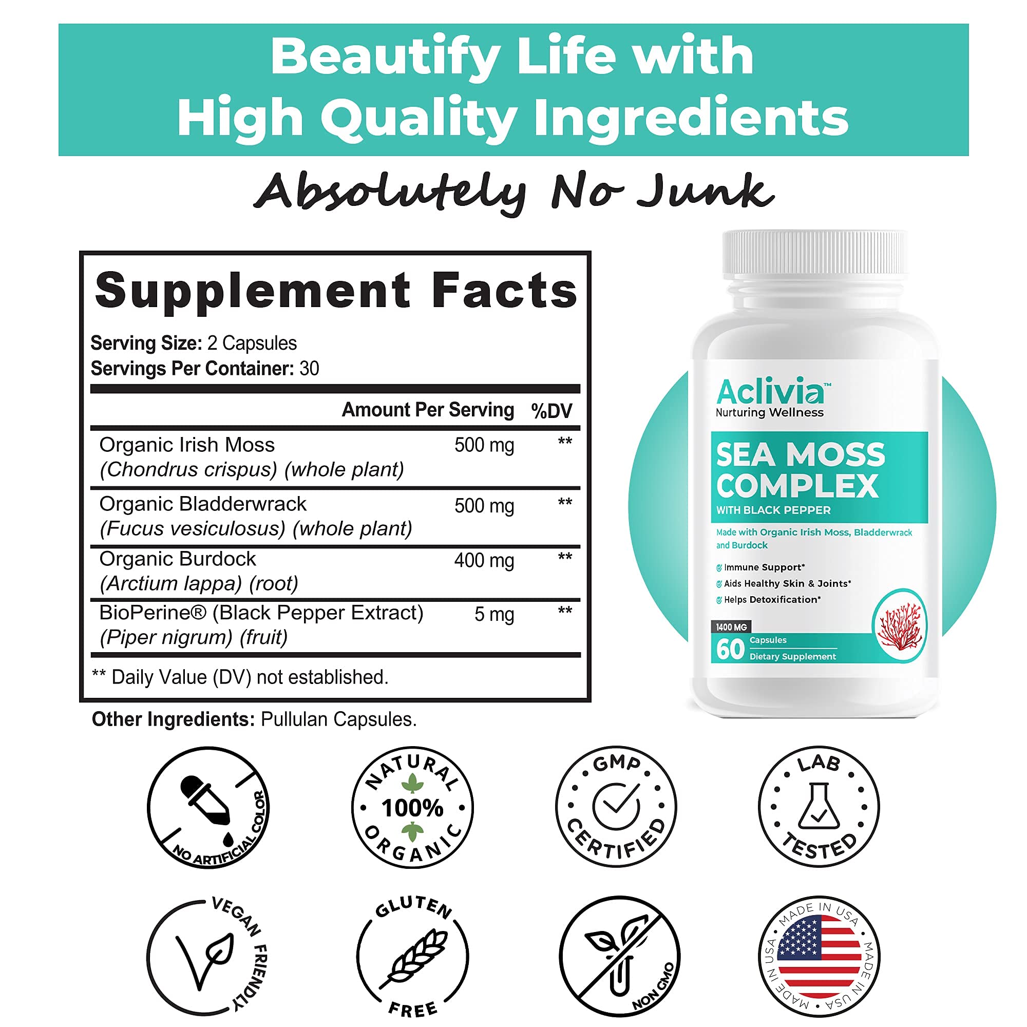 Aclivia - Organic Irish Sea Moss Capsules with Bladderwrack & Burdock Root - 102 Minerals Sea Moss Supplement - Thyroid Support, Immune Boost - Non-GMO (60 Count) Aclivia Au supplements