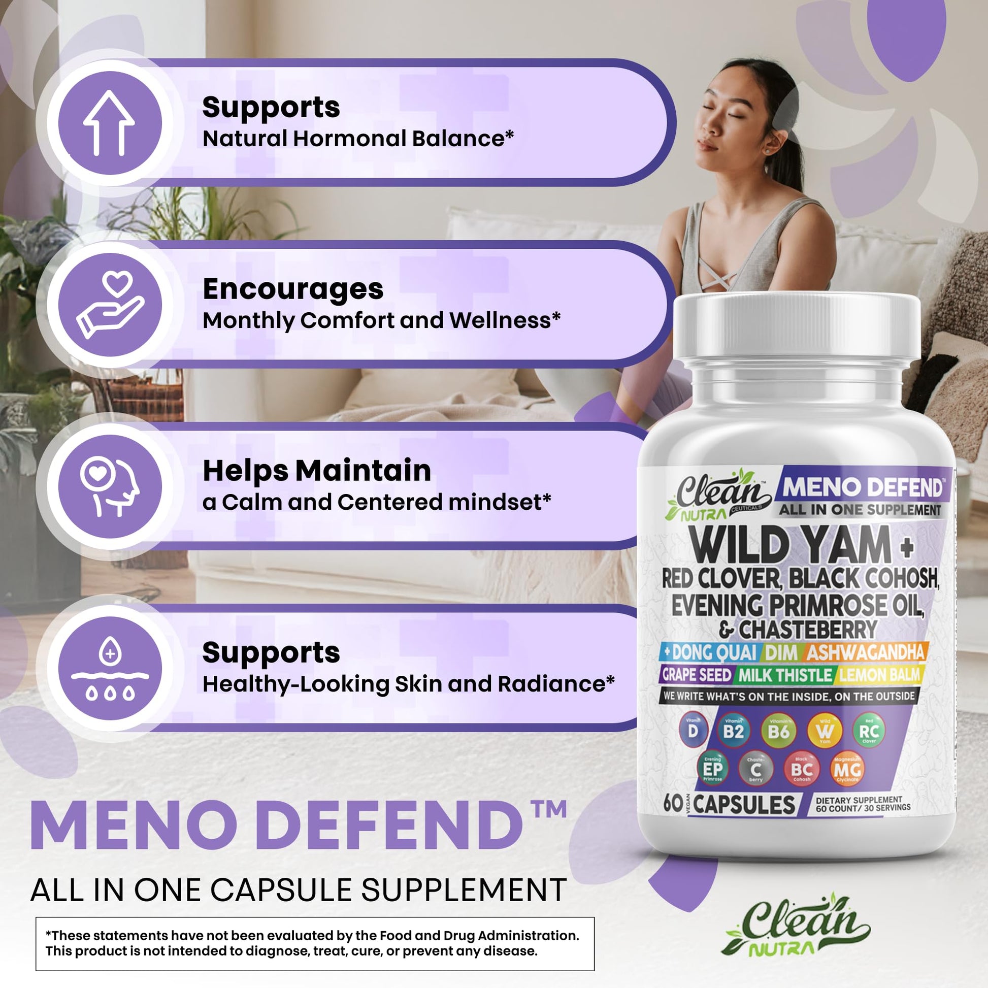 Clean Nutra Wild Yam Root Capsules with Red Clover Black Cohosh Evening Primrose Oil Chasteberry Dong Quai DIM Ashwagandha Grape Seed Extract Milk Thistle Lemon Balm and more Hormone Balance For Women Clean Nutraceuticals Au supplements