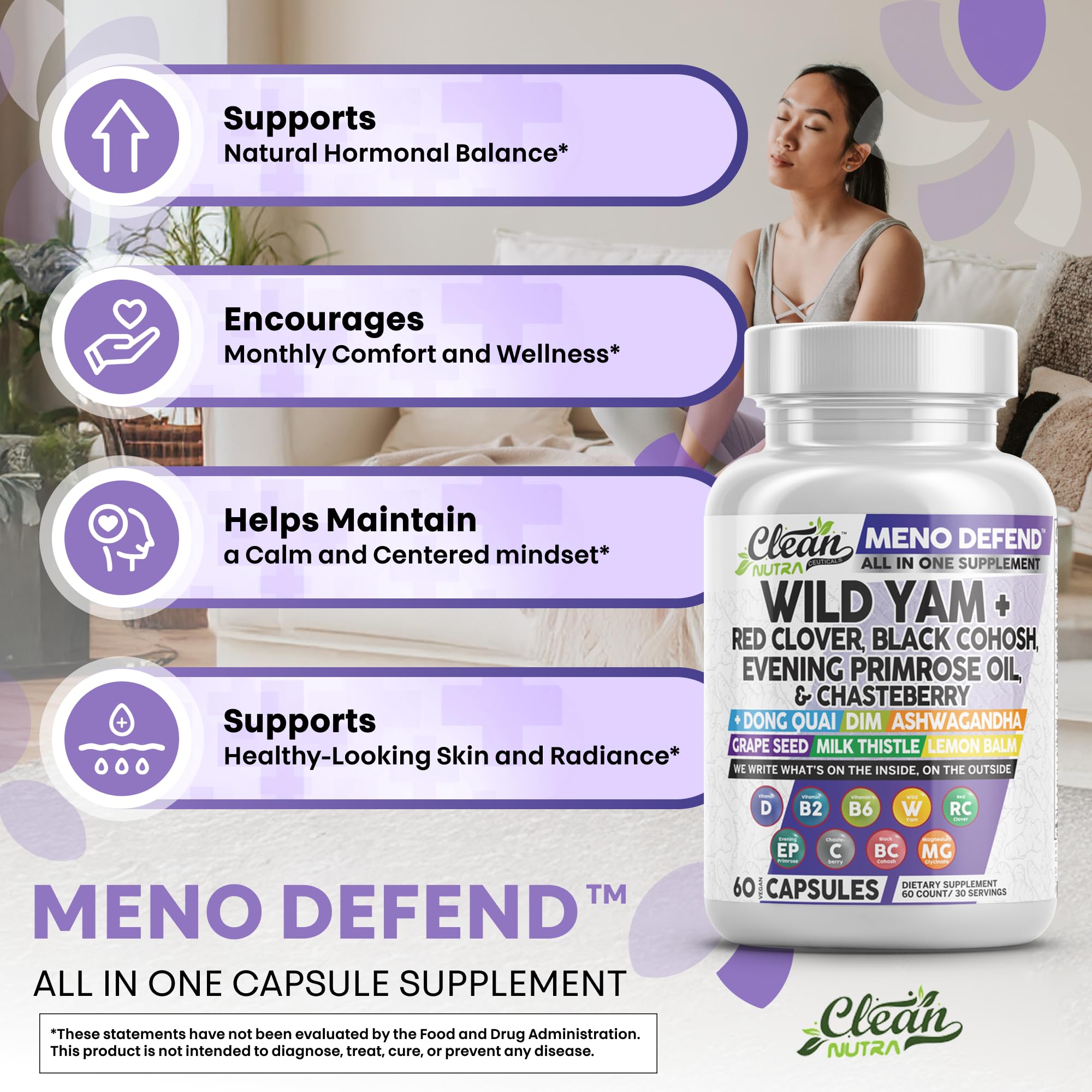 Clean Nutra Wild Yam Root Capsules with Red Clover Black Cohosh Evening Primrose Oil Chasteberry Dong Quai DIM Ashwagandha Grape Seed Extract Milk Thistle Lemon Balm and more Hormone Balance For Women Clean Nutraceuticals Au supplements