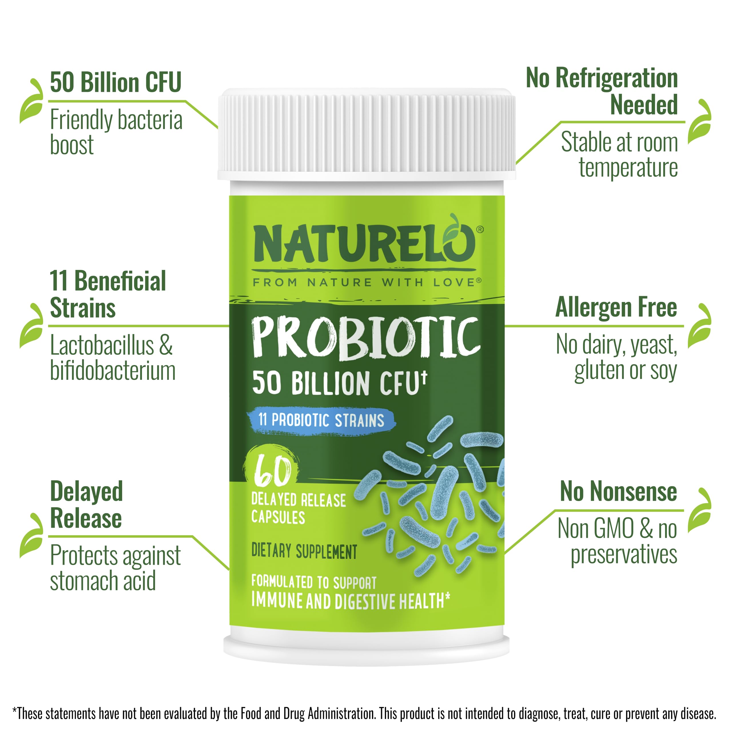 NATURELO Probiotics for Digestive Health - 50 Billion CFU, 11 Strains, Daily Use Supplement - Boosts Immune System, Delayed Release,
