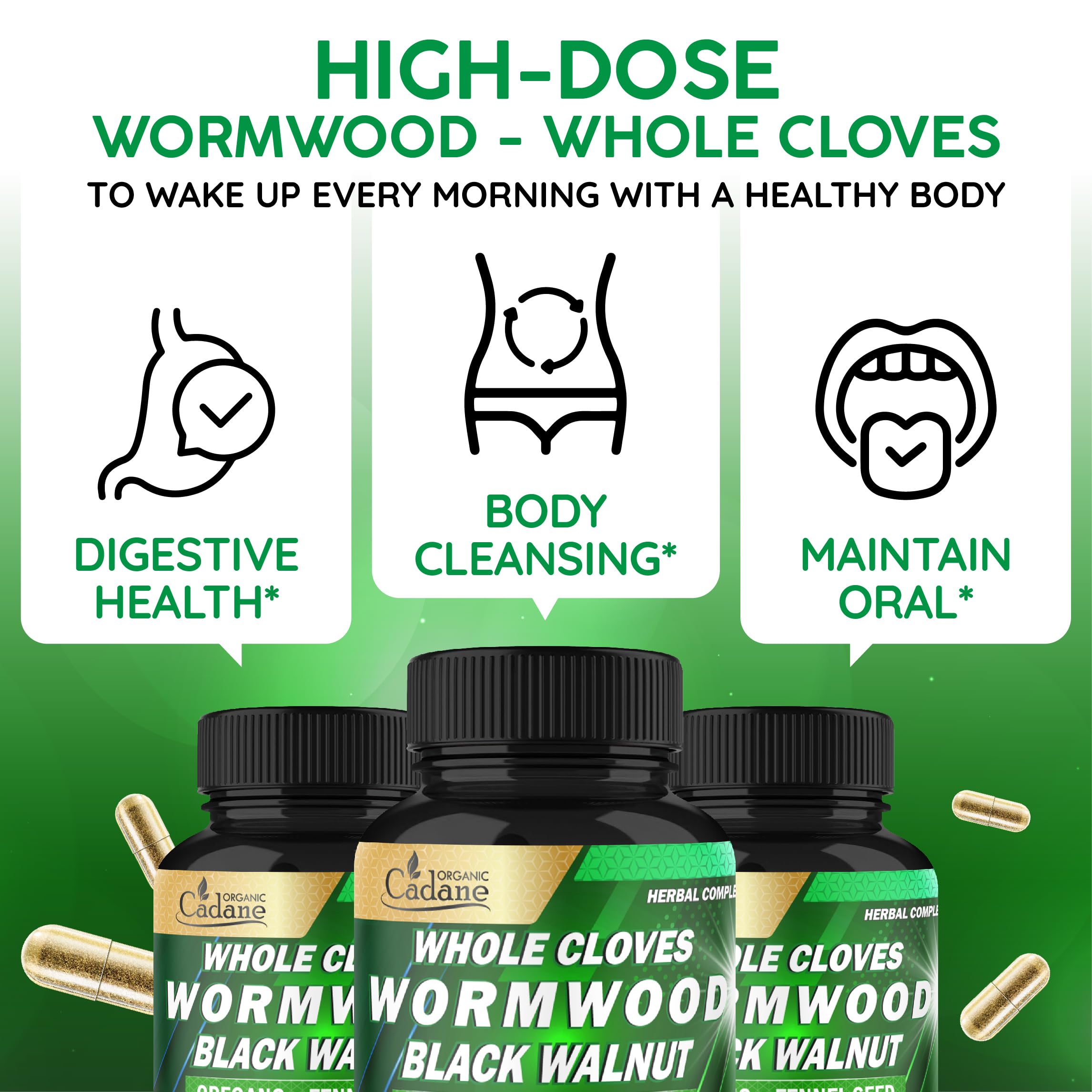 Cadane Wormwood Whole Cloves Black Walnut with Ginger, Garlic, Oregano, Fennel & Black Pepper | Digestive & Wellness Support | 120 Capsules – 60-Day Organic Cadane Au supplements
