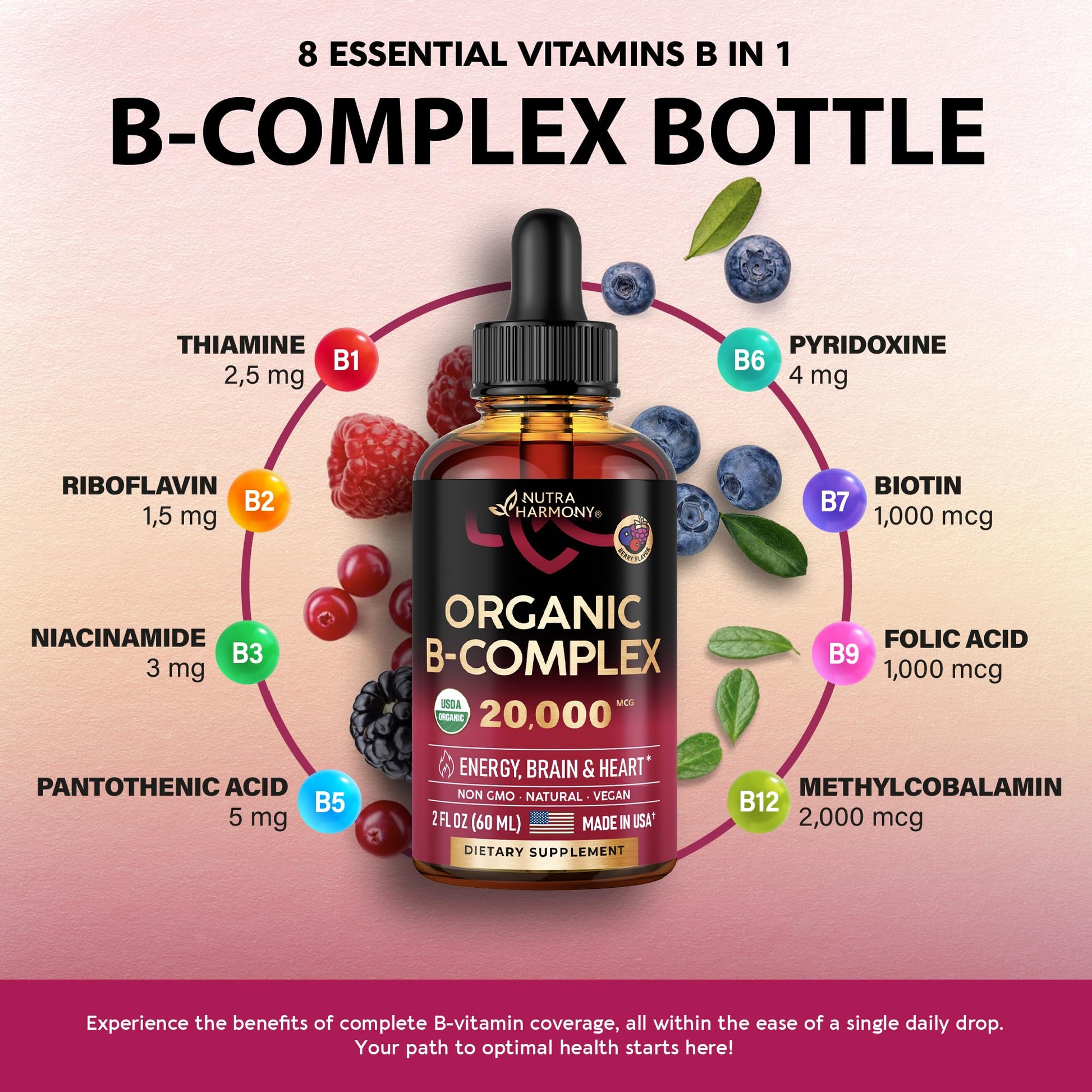 USDA Organic Vitamin B Complex Liquid Drops - 8-in-1 B Complex Vitamins: B1, B2, B3, B5 NUTRAHARMONY Au supplements