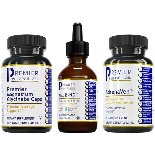 Premier Research Labs Magnesium Glycinate, Max BN-D, & AdrenaVen Supplement Bundle - Pure Magnesium, Liquid Vitamin B Complex for Liver & Brain Health, Adrenal Support for Women & Men - Pack of 3 Premier Research LabsAU supplements