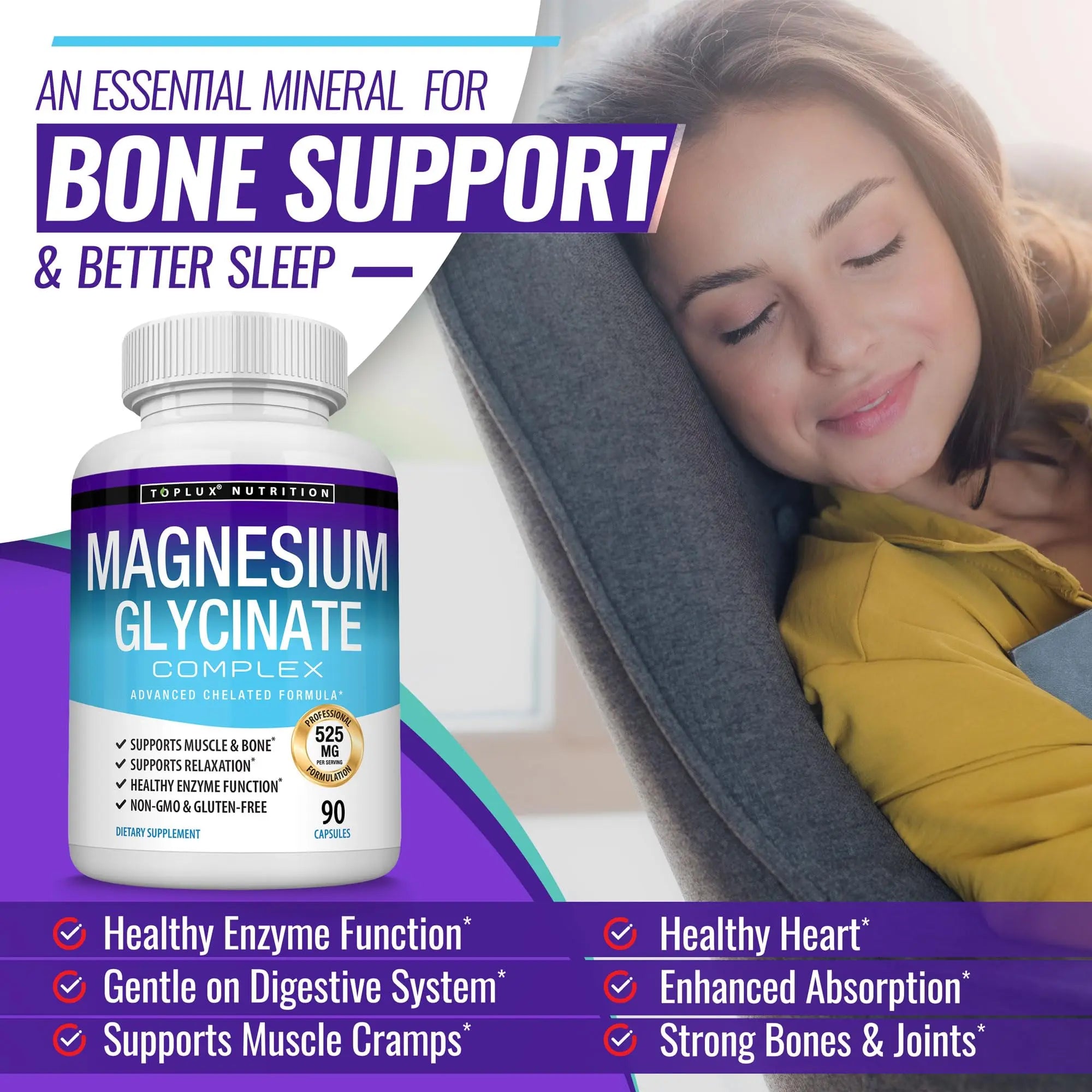 Magnesium Glycinate 525mg - High Absorption Chelated Magnesium Supplement Made with Pure Magnesium Glycinate - Supports Muscles, Sleep, Cramps, Recovery Bisglycinate Complex Vegan Non-GMO 90 Capsules Toplux Au supplements