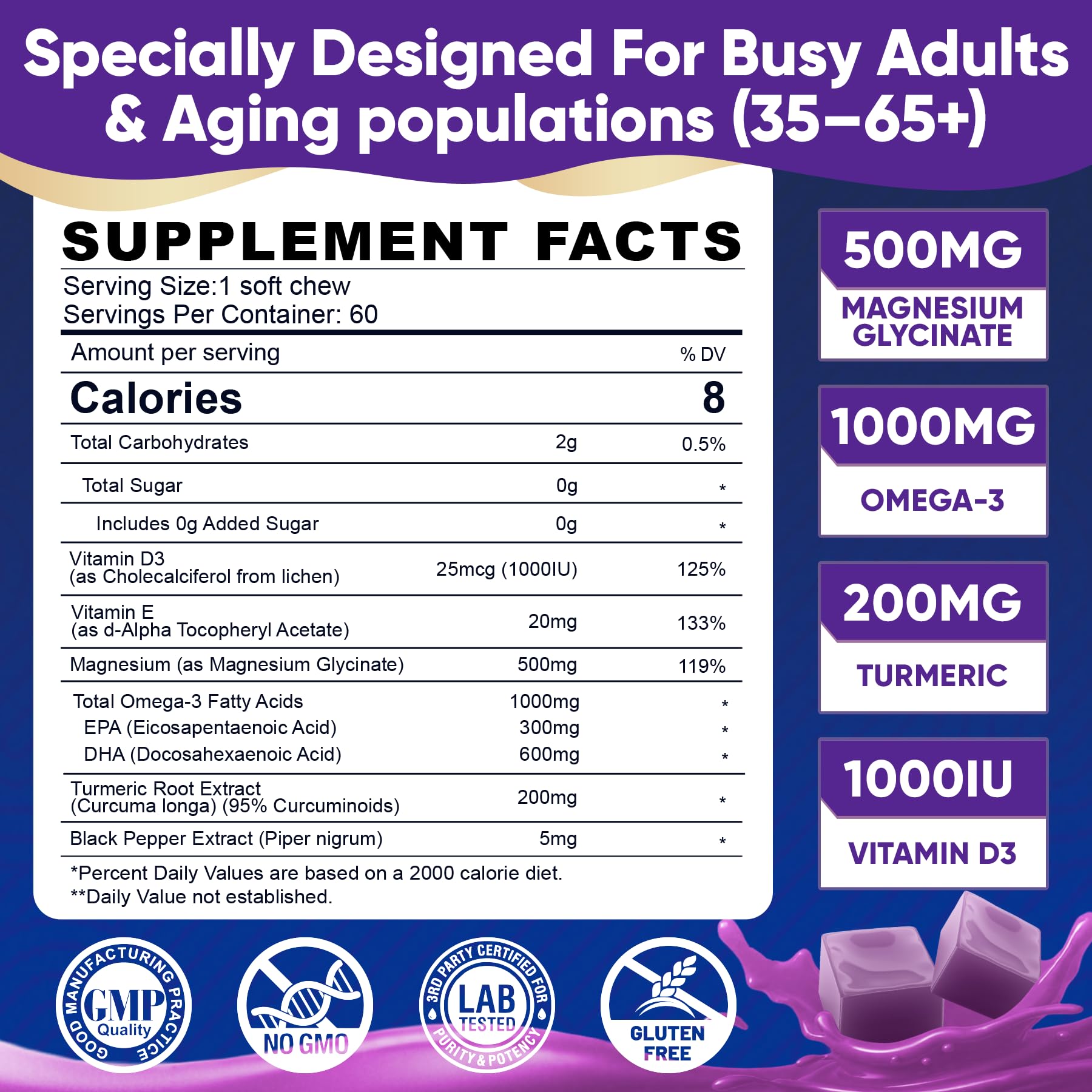 Magnesium Glycinate Gummies 500mg - Magnesium with Omega-3, Turmeric, Vitamin D3 & E | Magnesium Glycinate Soft Chews for Adults | for Sleep, Muscle & Brain | 60 Counts ELLAMENTZ Au supplements