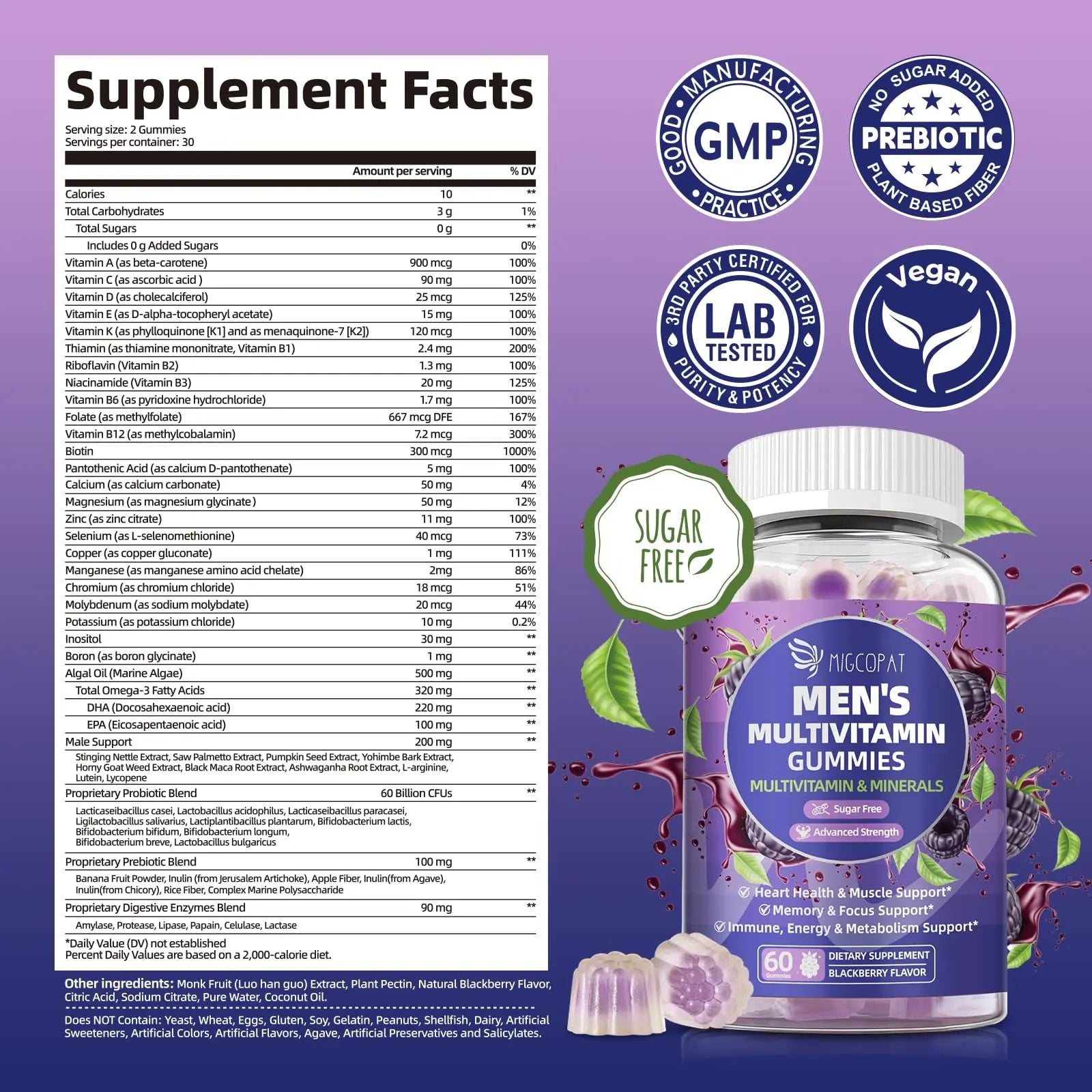 Multivitamin for Men, Mens Multivitamins Gummies w/Omega-3, Probiotics, Inositol, Folate, Biotin, Zinc, Vitamins A, C, D, E, B Migcopat Au supplements