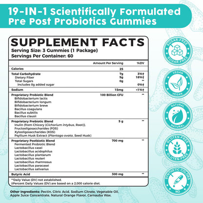 (180 Count) Probiotic Gummies, 19 in 1 Prebiotics Postbiotic Probiotic Gummies, 100 Billion CFU Probiotics for Women Men, Complete Immune, Gut & Digestive Support*, Sugar Free, Vegan HanlisteUS supplements