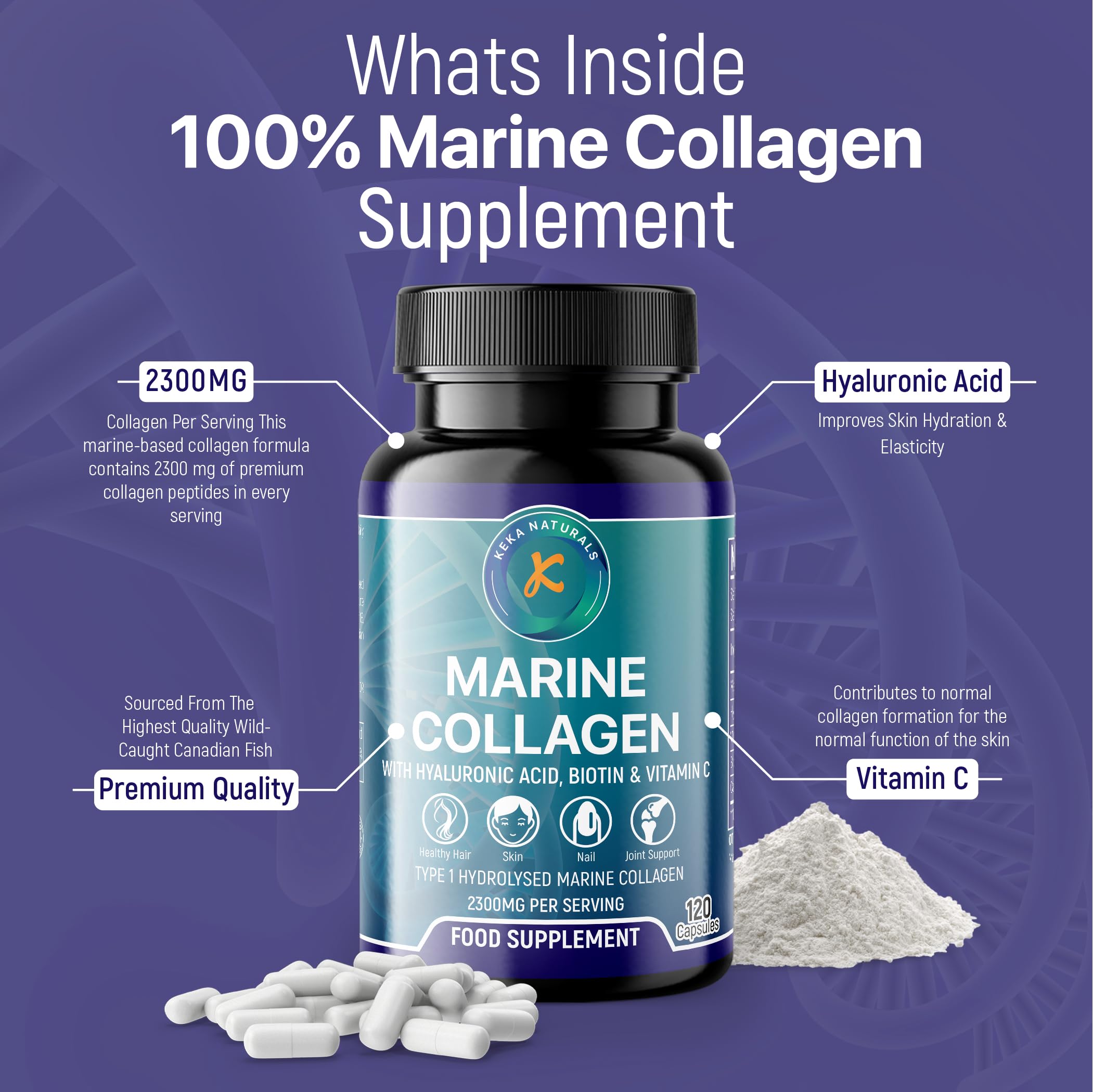 Hydrolysed Marine Collagen Peptides 2300mg - Enhanced with Hyaluronic Acid & Vitamin C Keka Naturals Au supplements