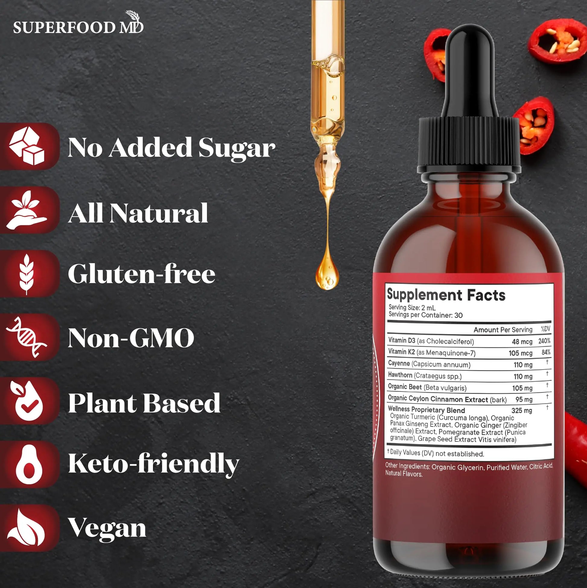 Cayenne Pepper Supplement Liquid Drops + Hawthorn Berry, Vitamin D3 K2 Beet Root Powder, Ceylon Cinnamon, Turmeric Curcumin, Organic Panax Ginseng - 4 OZ Superfood MD Au supplements