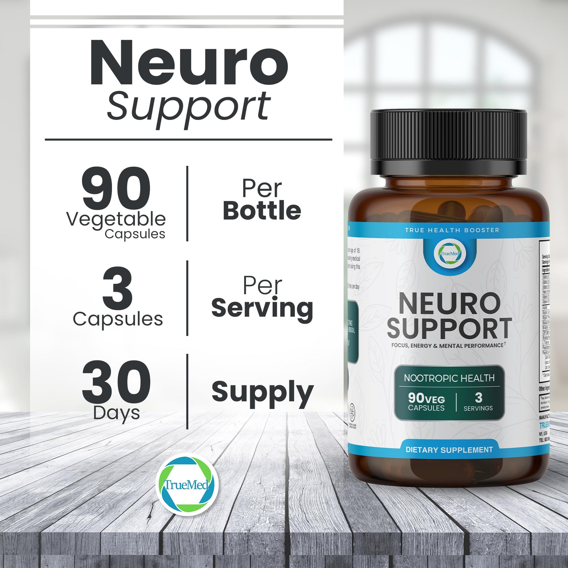 TrueMed Neuro Support - Premium Nootropic Supplement for Focus, Energy, Mental Clarity, and Performance Organic Lion’s Mane, Bacopa Monnieri, Rhodiola, Non-GMO Gluten-Free CDP Choline 90 Veg Capsules TRUEMED Au supplements