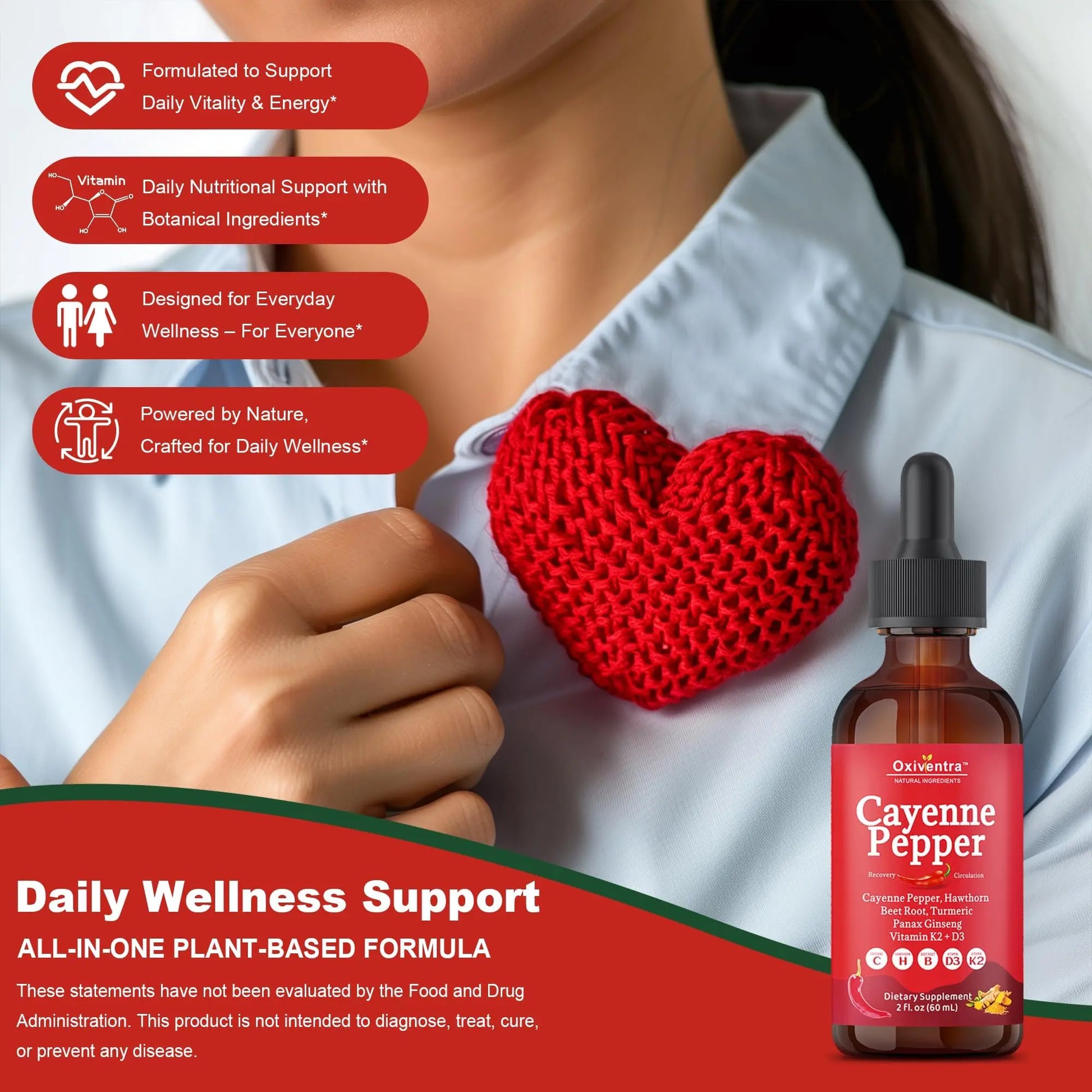 Cayenne Pepper Drops Liquid Supplement Smooth & Sweet Herbal Liquid + Hawthorn Berry, Vitamin D3 K2 Beet Root Powder, Ceylon Cinnamon, Turmeric Curcumin, Organic Panax Ginseng - 2fl oz Oxiventra Au supplements