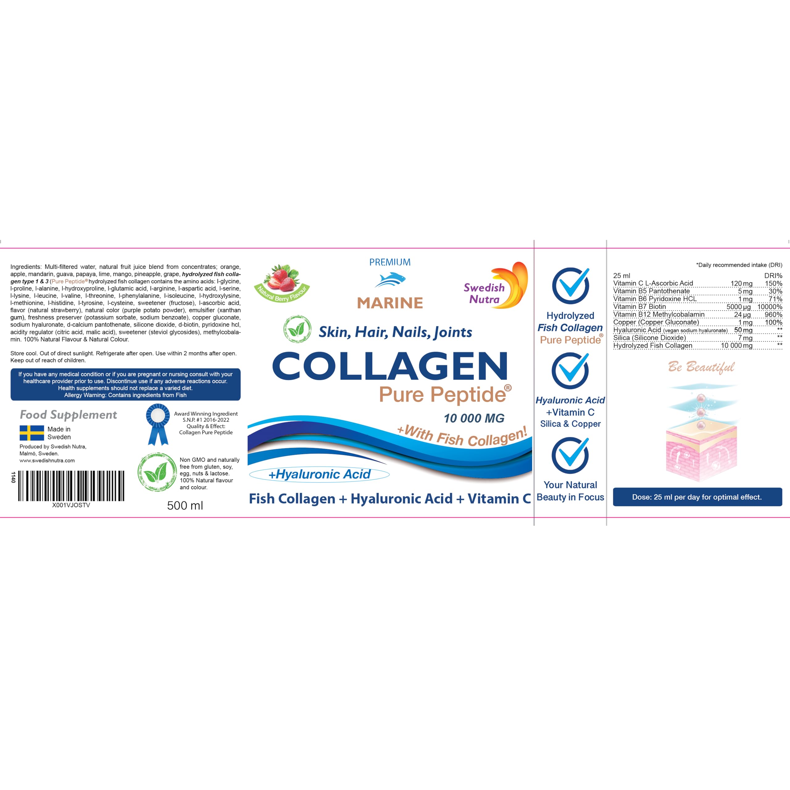 Marine Liquid Collagen 10000mg 500 ml I Pure Hydrolyzed Collagen Peptides Swedish Nutra Au supplements