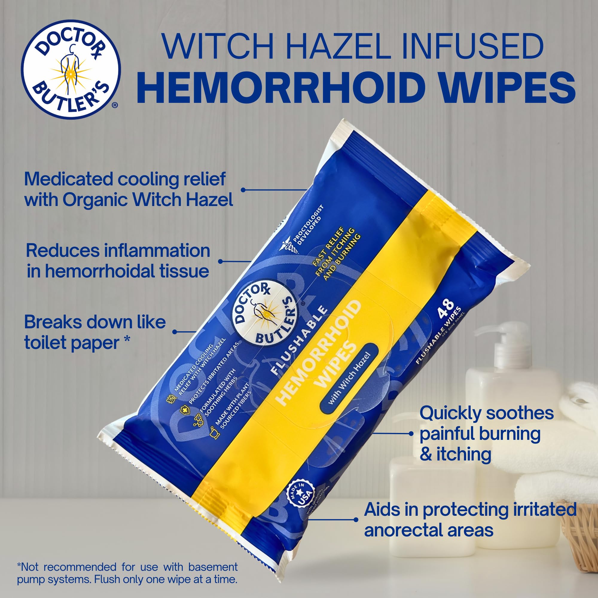 Doctor Butler's Flushable Hemorrhoid Wipes – Flushable Wipes with Witch Hazel to Soothe and Bring Relief from Discomfort Associated with Hemorrhoids (48 Wipes) Doctor Butler's Au supplements