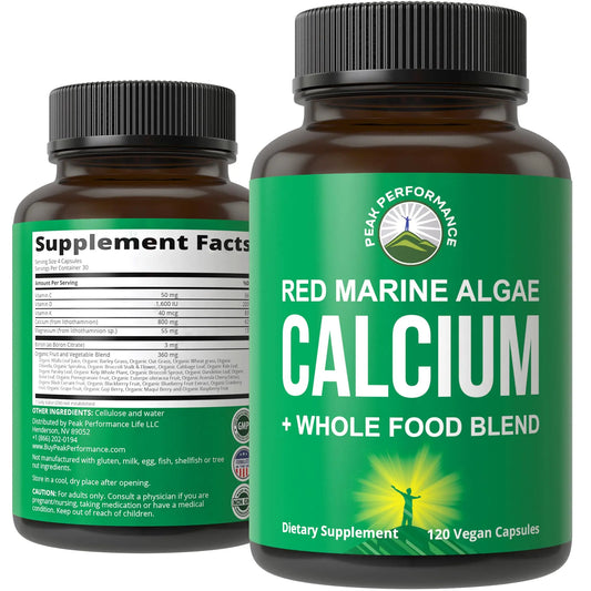 Plant Based Calcium - Red Marine Algae Calcium Supplement with Vitamin C, D3, K, Magnesium, and Whole Food Vegetable Blend. Vegan Capsules for Bones and Joints. 120 Pills, Tablets Peak PerformanceAU supplements