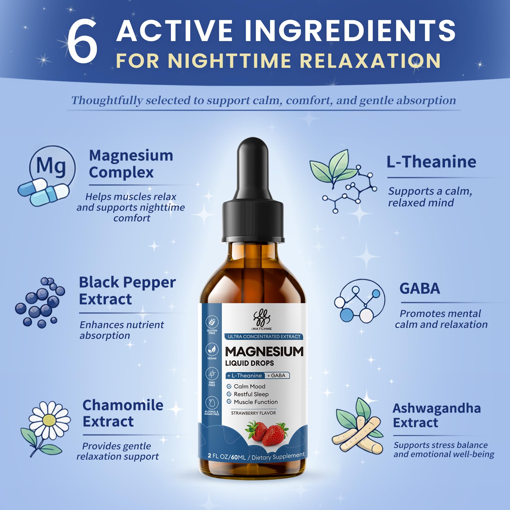 Liquid Magnesium Glycinate Drops for Nighttime Sleep & Calm Support, Triple Chelated Magnesium Complex with L-Theanine & GABA, Pre-Dissolved Liquid for Gentle Absorption, Strawberry Flavor, 2 Fl Oz iMATCHME Au supplements