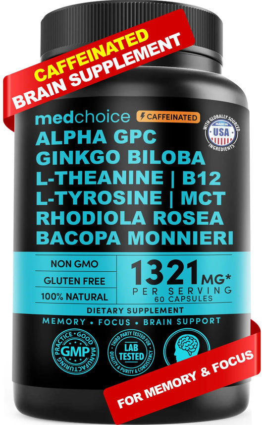 12-in-1 Nootropic Brain Supplement with Caffeine Anhydrous: Ginkgo Biloba for Brain Support, Memory and Focus - B12, Alpha GPC, L Theanine and Choline Supplements with Bioperine with 1321mg (60ct) MEDCHOICEAU supplements