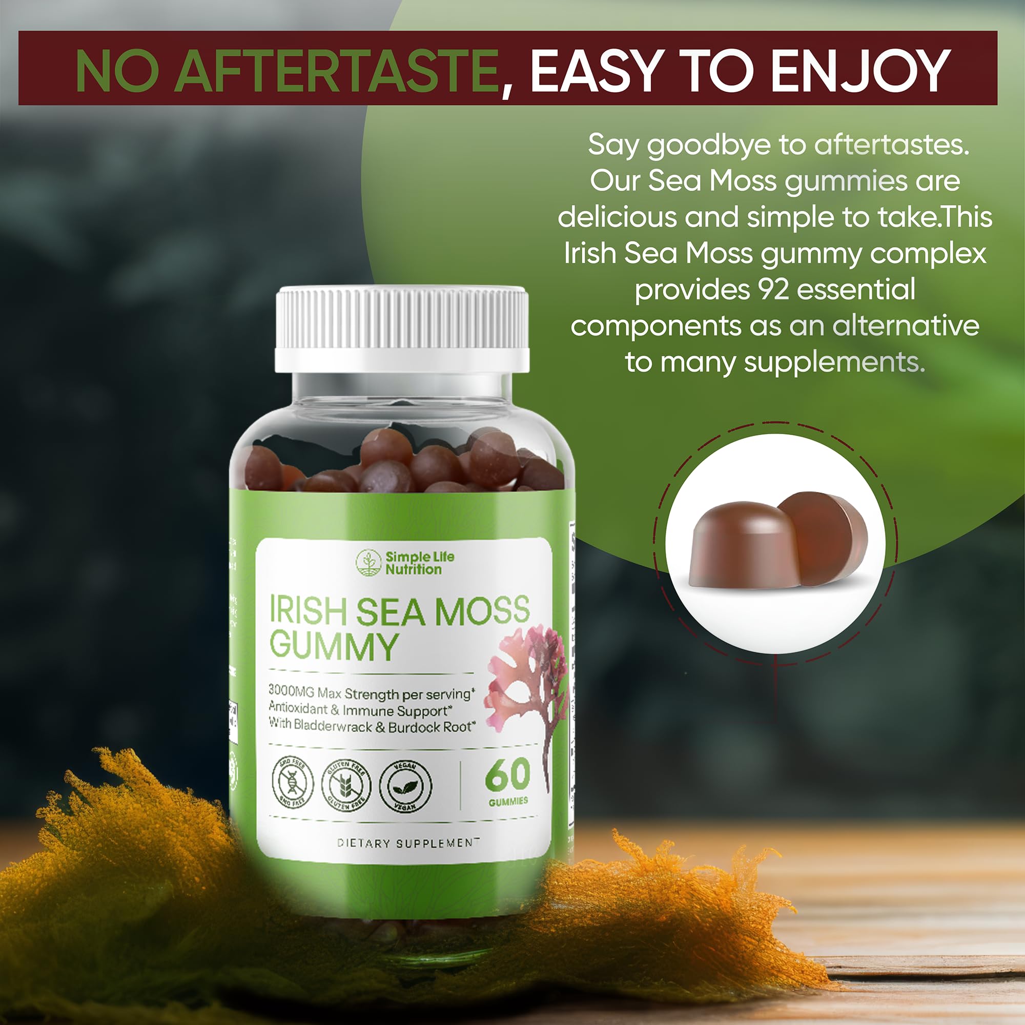 Simple Life Nutrition Organic Irish Sea Moss Gummies - Burdock Root and Bladderwrack Natural Blend - Immune System Gut Cleanse & Thyroid Supplement - Skin and Nail Health - 60CT Simple Life Nutrition Au supplements