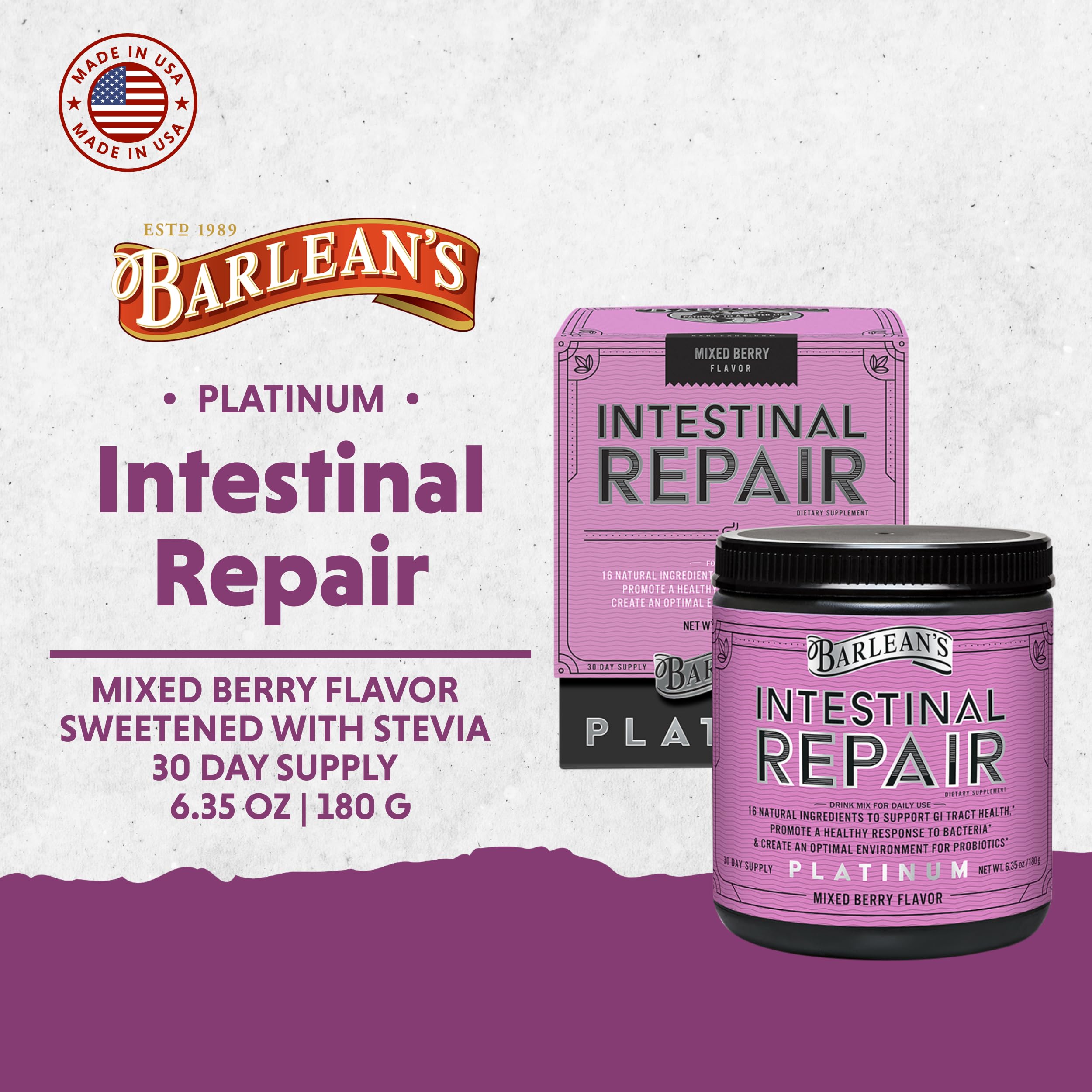 Barlean's Gut Health Powder, Intestinal Repair Fiber and Digestive Support Blend for Men and Women, Mixed Berry Drink Mix, 6.35 oz Barlean's Au supplements