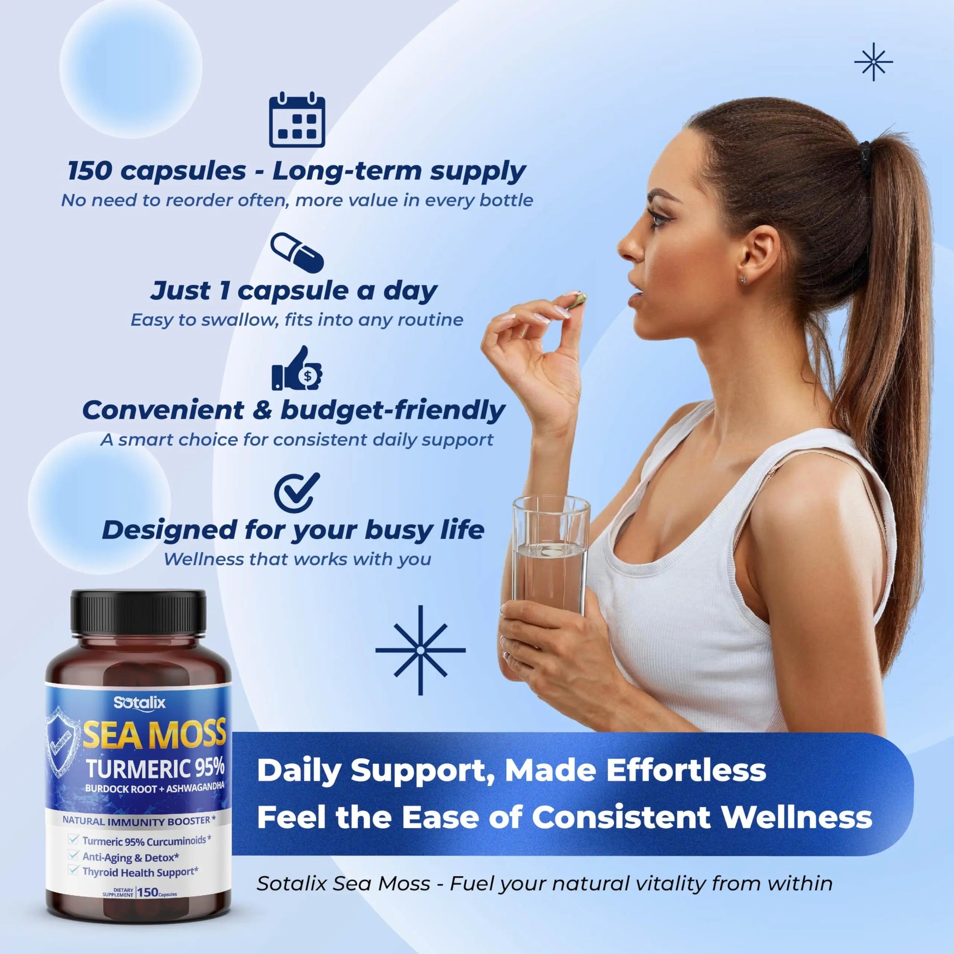 Sotalix Sea Moss Capsule with Ashwagandha, Burdock Root, Bladderwrack, Turmeric - Powerful Natural Immunity Booster (150 Count (Pack of 1)) SOTALIX SUPPLEMENT Au supplements