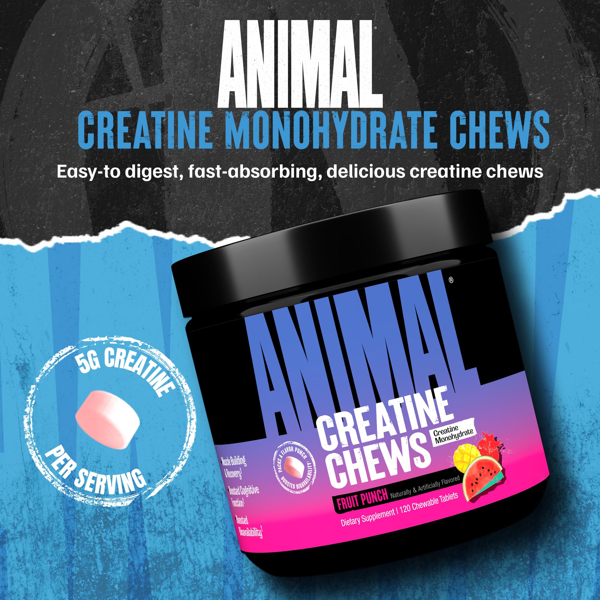 Animal Creatine Chews Tablets - Enhanced Creatine Monohydrate with AstraGin to Improve Absorption, Sea Salt for Added Pumps, Delicious and Convenient Chewable Tablets - Fruit Punch Animal Au supplements