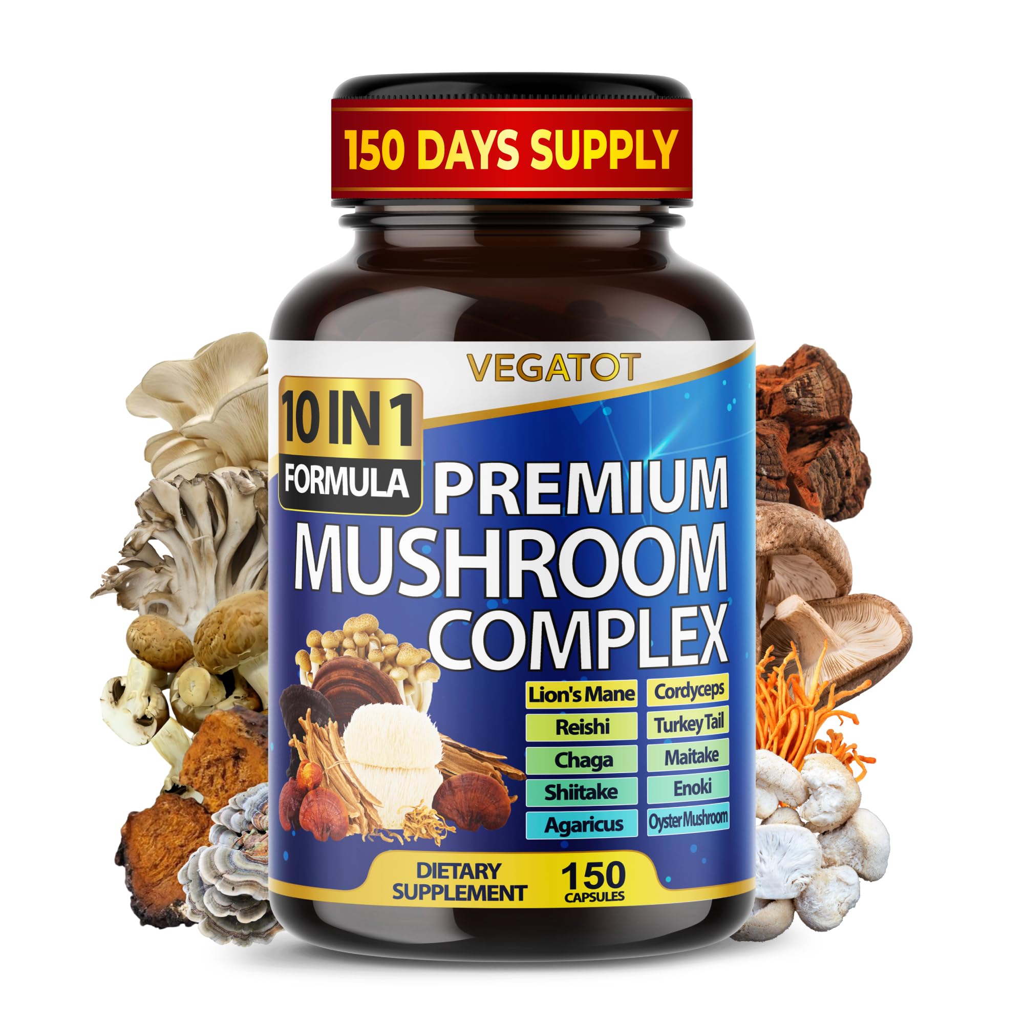 10 in 1 High Strength Mushroom Supplement - Lions Mane, Cordyceps, Reishi - Brain Supplements for Memory and Focus ** 5-Month Supply VEGATOT Au supplements