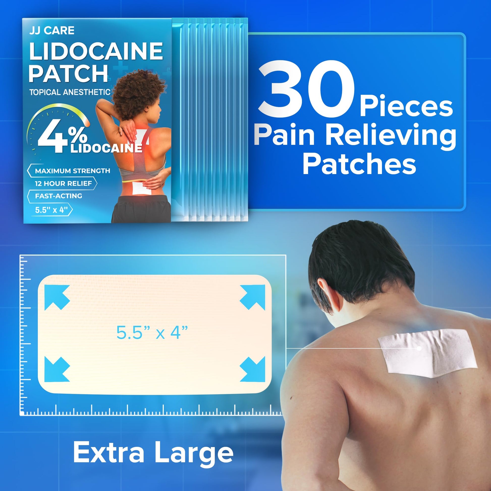 JJ CARE Lidocaine Patches [Pack of 30], 4” x 5.5” Lidocaine 4% Maximum Strength Back Pain Relief Patches for Fast Numbing of Aches, Pains, Back, Neck, Shoulder, Muscle Soreness JJ CARE Au supplements