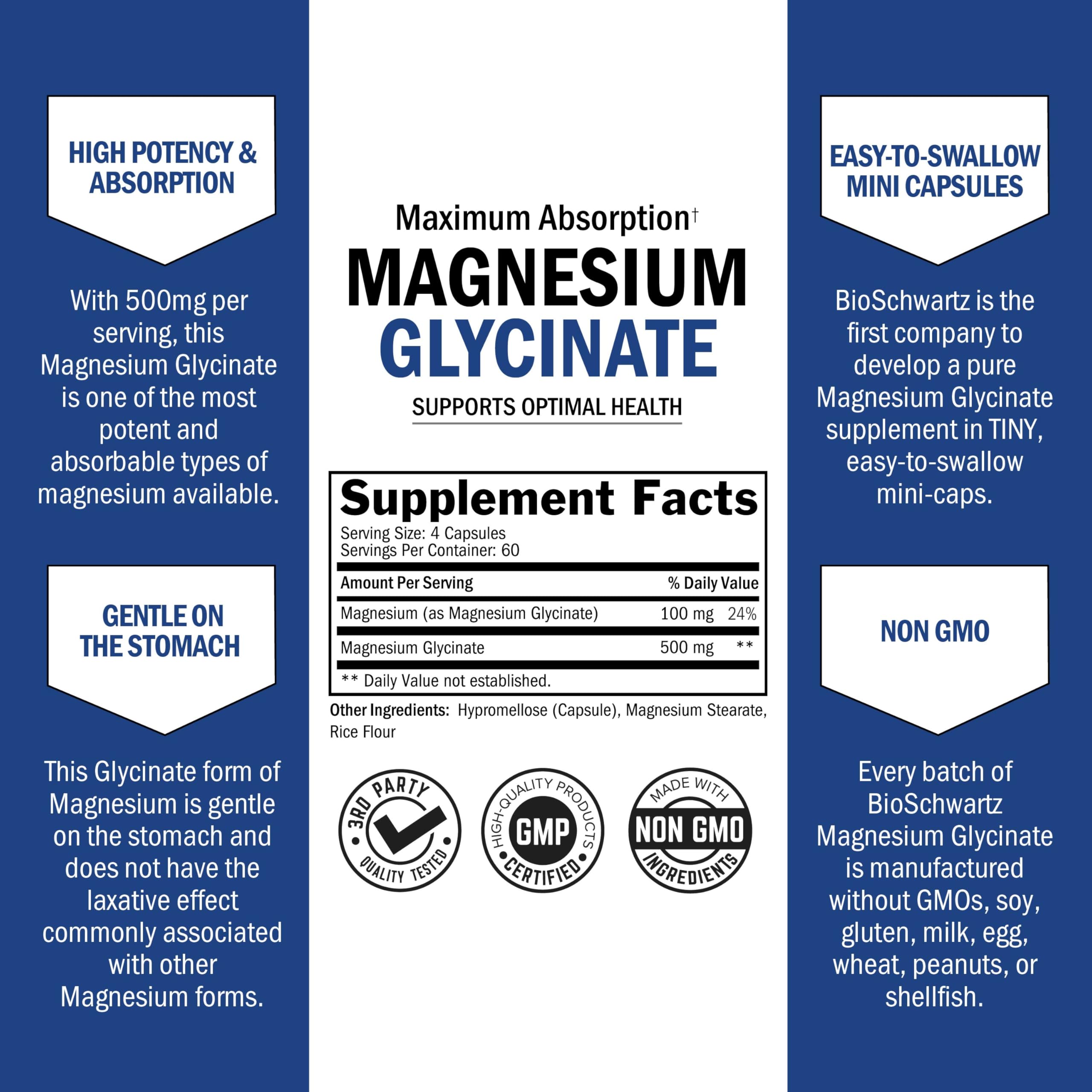 BioSchwartz Magnesium Glycinate 500mg Capsules (240 Mini Caps) Maximum Absorption Magnesium Supplement for Healthy Nerves Muscles Heart Mood and Sleep Support (Vegan, Gluten-Free, Non-GMO) BioSchwartz Au supplements