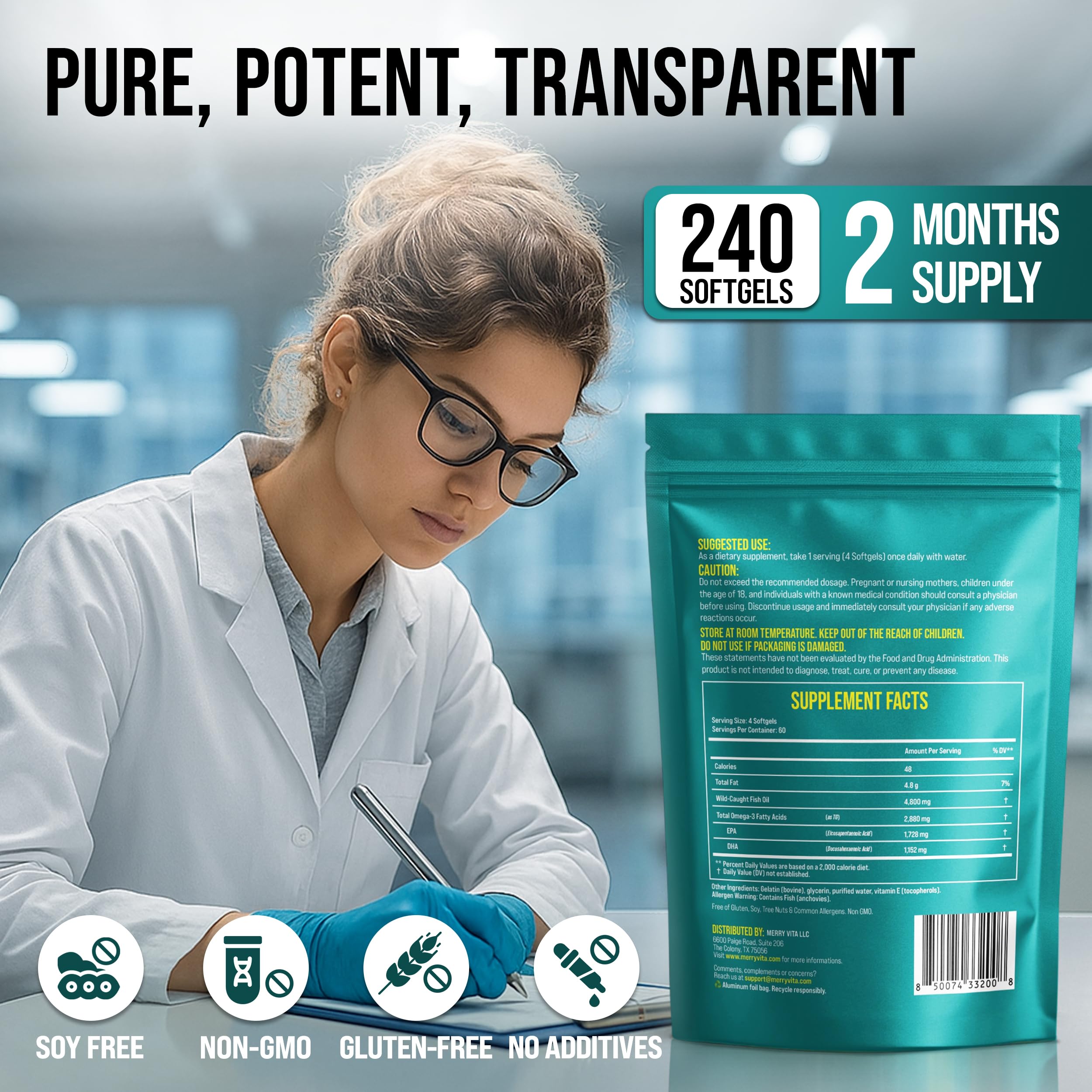 Omega 3 Fish Oil 4800 mg – EPA 1728 mg | DHA 1152 mg from Wild-Caught Anchovies – Burpless Mini Softgels – Pure Omega-3 Fatty Acid Supplement – Non-GMO, Gluten-Free, No Aftertaste – 240 Capsules MERRY VITA Au supplements