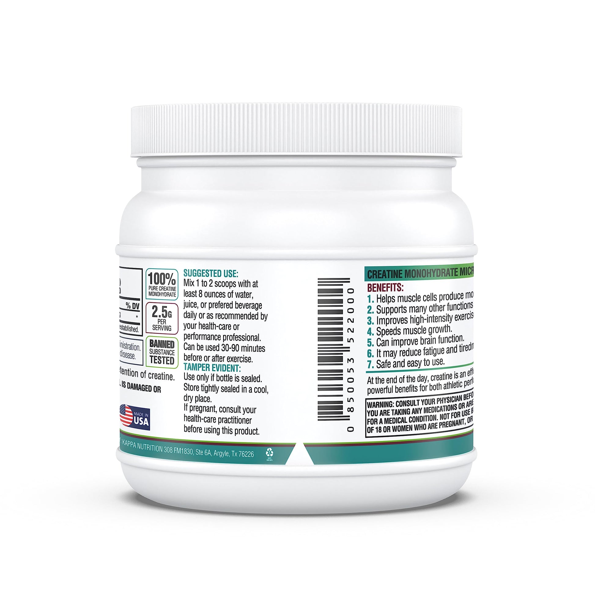 Kappa Nutrition Creatine Monohydrate Powder, Pure Amino Acid Formula, Supports Muscle Strength, Cellular Energy & Mental Focus* Gluten-Free, Keto, 2.25g per Scoop, 240 Servings, Net Wt. 1.32 LB (600g) KAPPA NUTRITION Au supplements