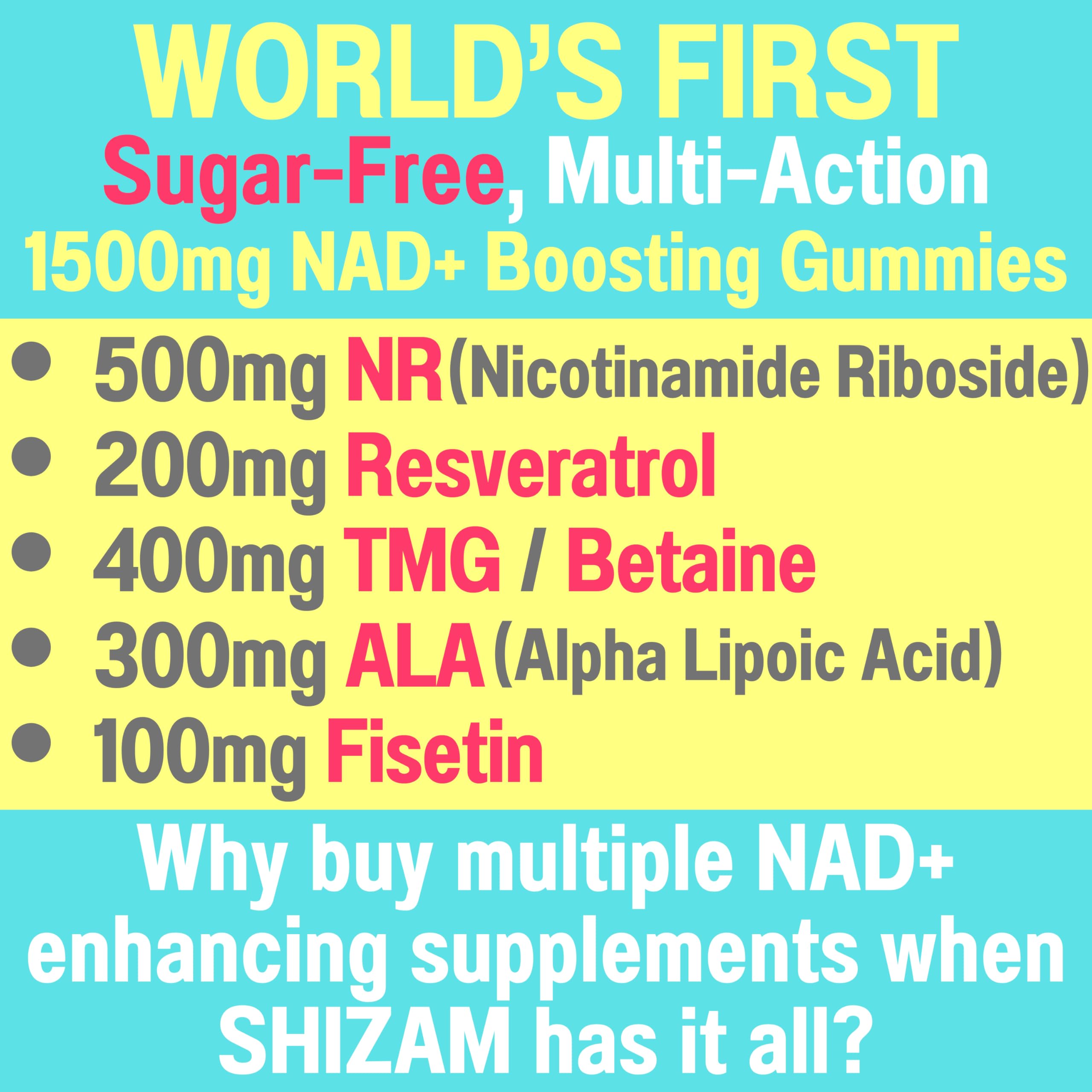 1500mg NAD+ Sugar Free Gummies | NAD + Plus NR TMG ALA Trans-Resveratrol Fisetin Supplements | Nicotinamide Riboside Trimethylglycine Alpha Lipoic Acid Betaine Pills Capsules Tincture Supplement Alt SHIZAM Au supplements