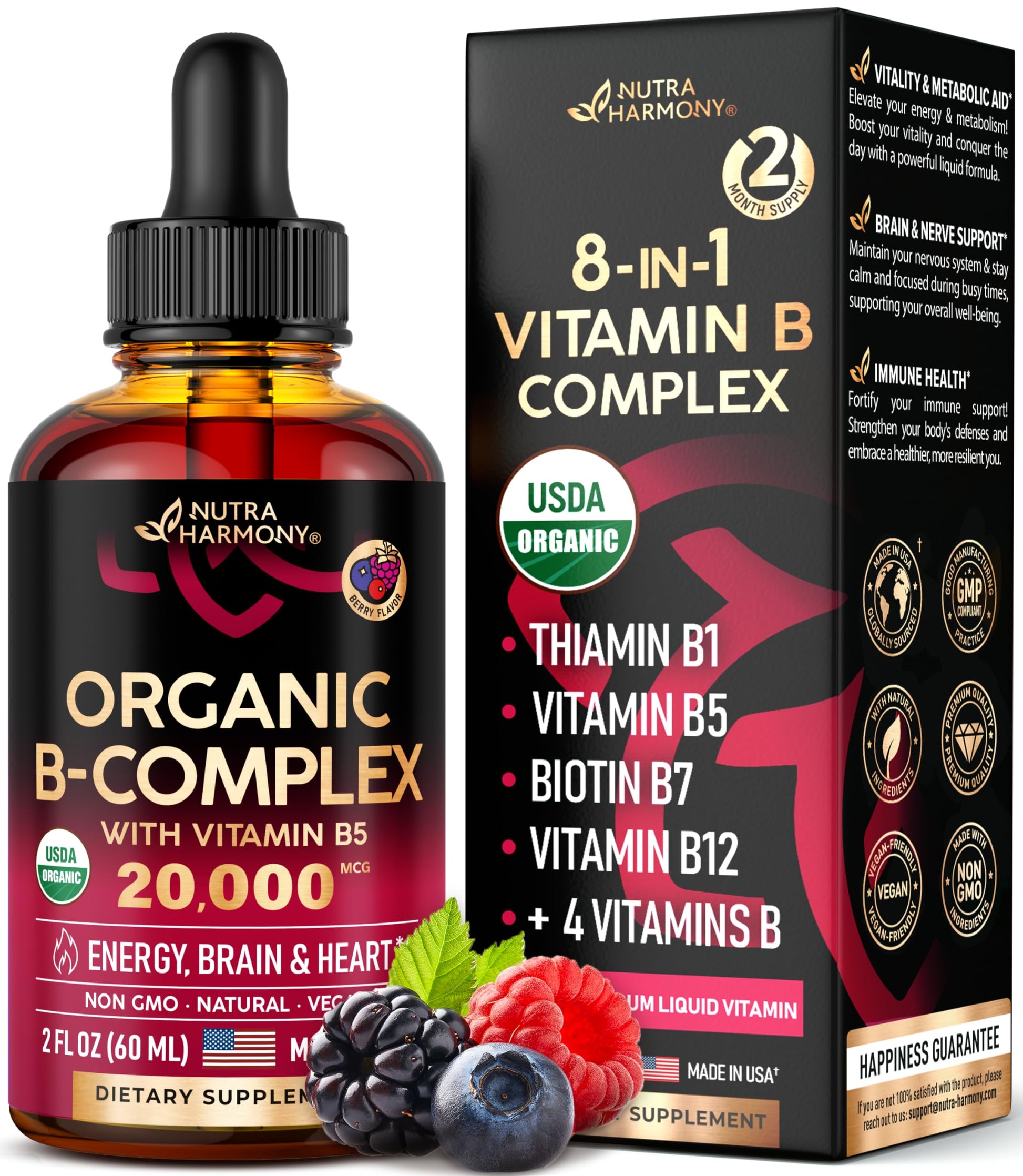 USDA Organic Vitamin B Complex Liquid Drops - 8-in-1 B Complex Vitamins: B1, B2, B3, B5 NUTRAHARMONY Au supplements