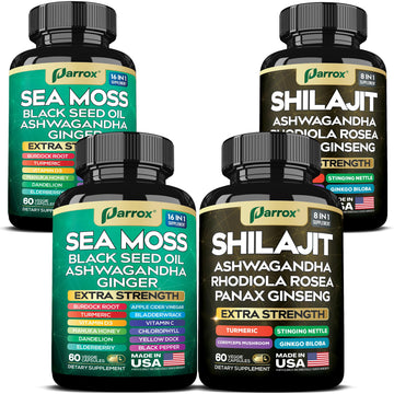 Parrox Shilajit and Sea Moss Bundle, Sea Moss 350mg, Black Seed Oil 200mg, Ashwagandha 100mg, Turmeric, Shilajit 300mg, Rhodiola Rosea 100mg, Panax Ginseng 50mg, Dynamic Vitality Bundle (2 Pack) Parrox Au supplements