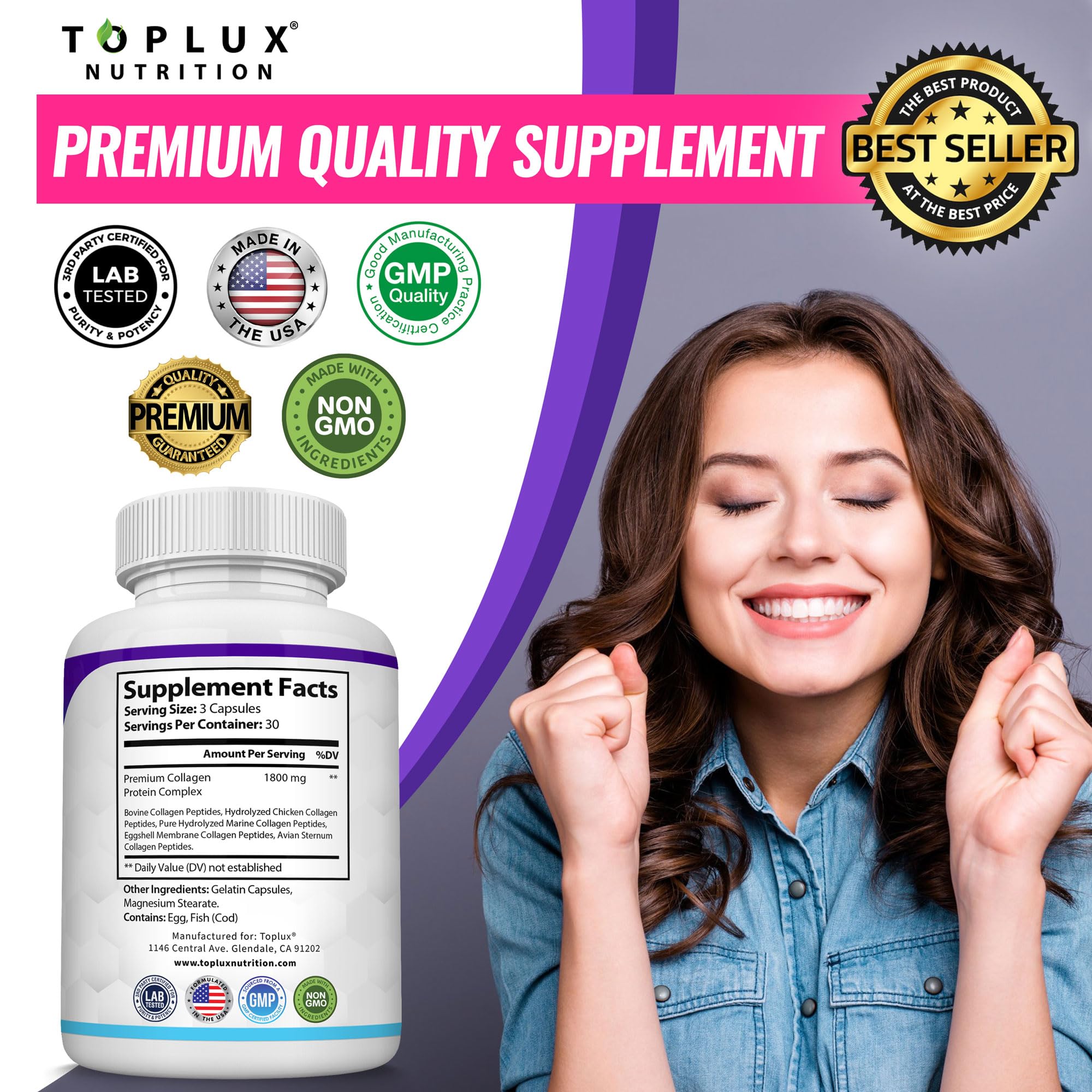 Toplux Multi Collagen Peptides Pills 1800 Mg Complex - Type I, II, III, V, X Premium Collagen Complex for Better Skin & Hair, Strong Joint, Hydrolyzed Protein, for Men Women, 90 Capsules, Supplement Toplux Au supplements