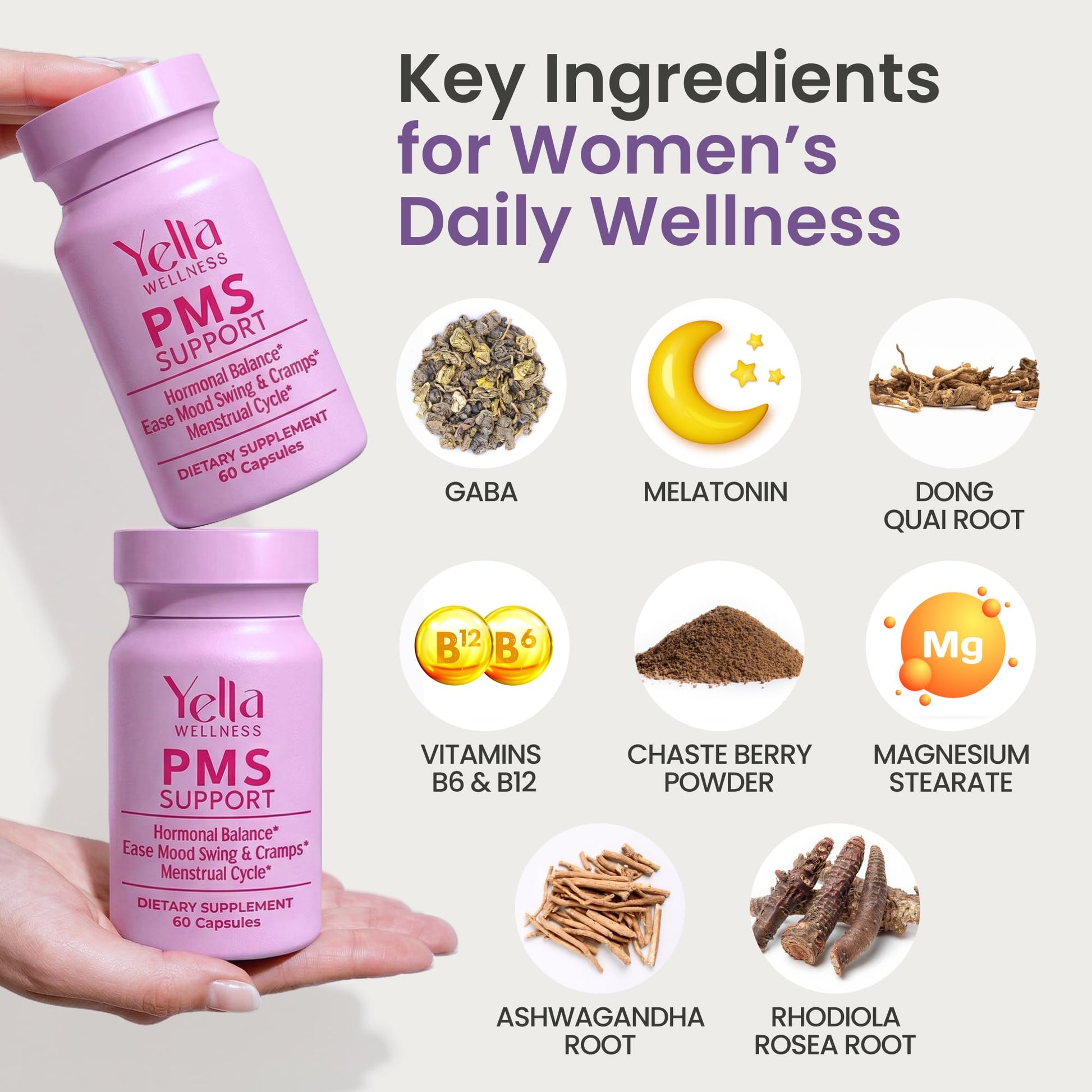 YELLA WELLNESS Hormone Balance for Women - PMS Support Supplement for Women w/Chaste Tree, Dong Quai and Ashwagandha- PMS and Menopause Relief for Bloating, Cramps and Mood Swings- (60ct) YELLA WELLNESS Au supplements