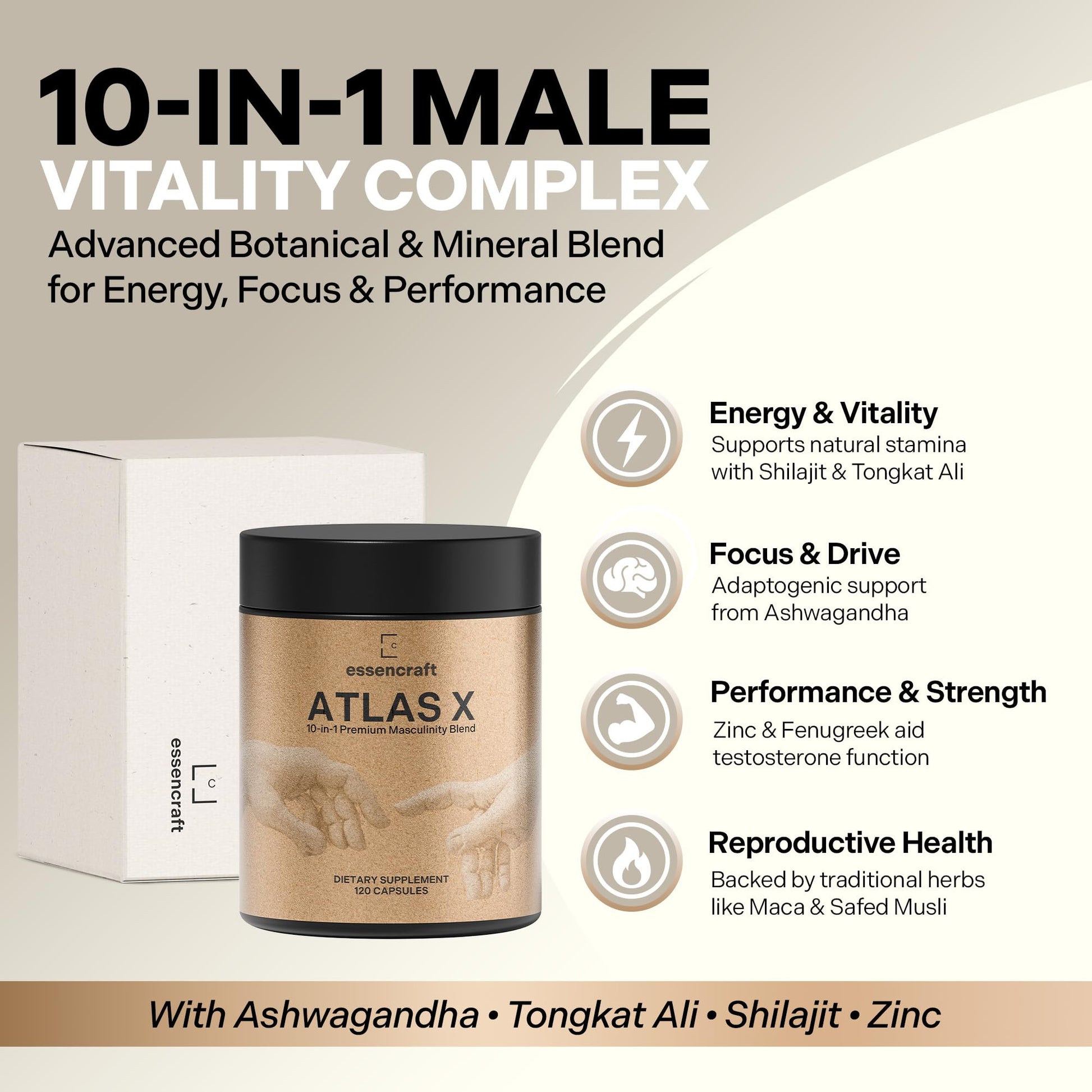 Essencraft Atlas X Testosterone Supplement for Men – 10-in-1 Natural Testosterone Booster & Muscle Booster w/Shilajit, Zinc, Tongkat Ali, & More (120 Capsules) Essencraft Au supplements