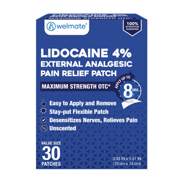 WELMATE - 4% Lidocaine Numbing Patch - Maximum Strength - Temporary Relief of Pain, Back, Neck, Shoulders, Knees, Elbows, Minor Skin Irritations - Topical Analgesic Unscented - 30 ct WELMATE Au supplements